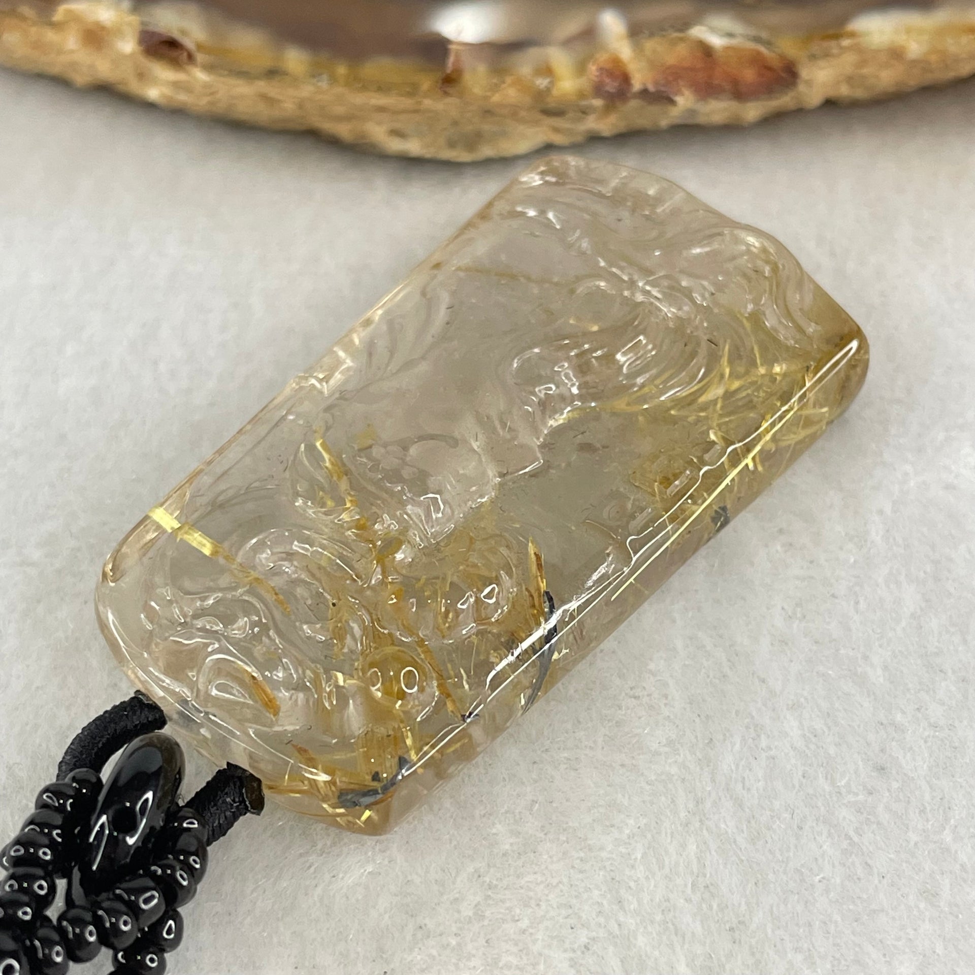 Good Grade Natural Golden Rutilated Quartz Guan Gong and Dragon Pendant with Onyx and Golden Rutilated Quartz Beads Necklace 18.61g 64cm 43.6 by 24.7 by 9.6mm - Huangs Jadeite and Jewelry Pte Ltd