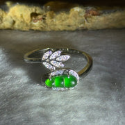 Type A Icy Green Omphasite Jadeite Peapod and Leave with Crystals in S925 Sliver Ring (Adjustable Size) 1.87g 9.1 by 4.1 by 2.5mm - Huangs Jadeite and Jewelry Pte Ltd