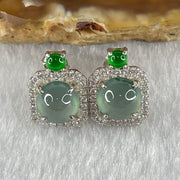 Type A Icy Blueish Green Jadeite Cabochons With Crystals in S925 Sliver Earrings 2.54g 6.6 by 4.0mm - Huangs Jadeite and Jewelry Pte Ltd