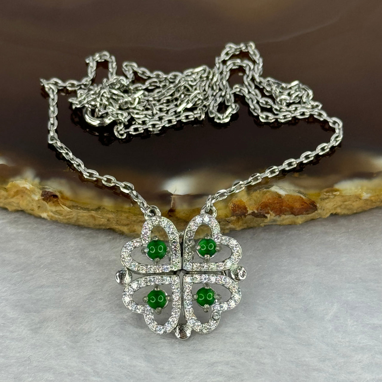 Type A Icy Green Omphasite Jadeite Clover Charm with Crystals in S925 Sliver Charm 5.11g 3.0 by 1.5mm 4pcs - Huangs Jadeite and Jewelry Pte Ltd