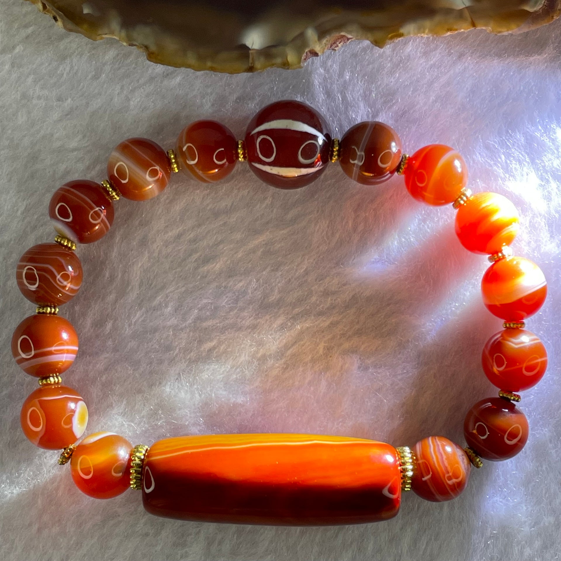 Natural Carnelian Agate Beads Bracelet 40.57g 19cm 36.6 by 10.6mm, 10.6mm 1 Pcs, 6.4mm 14 Beads - Huangs Jadeite and Jewelry Pte Ltd