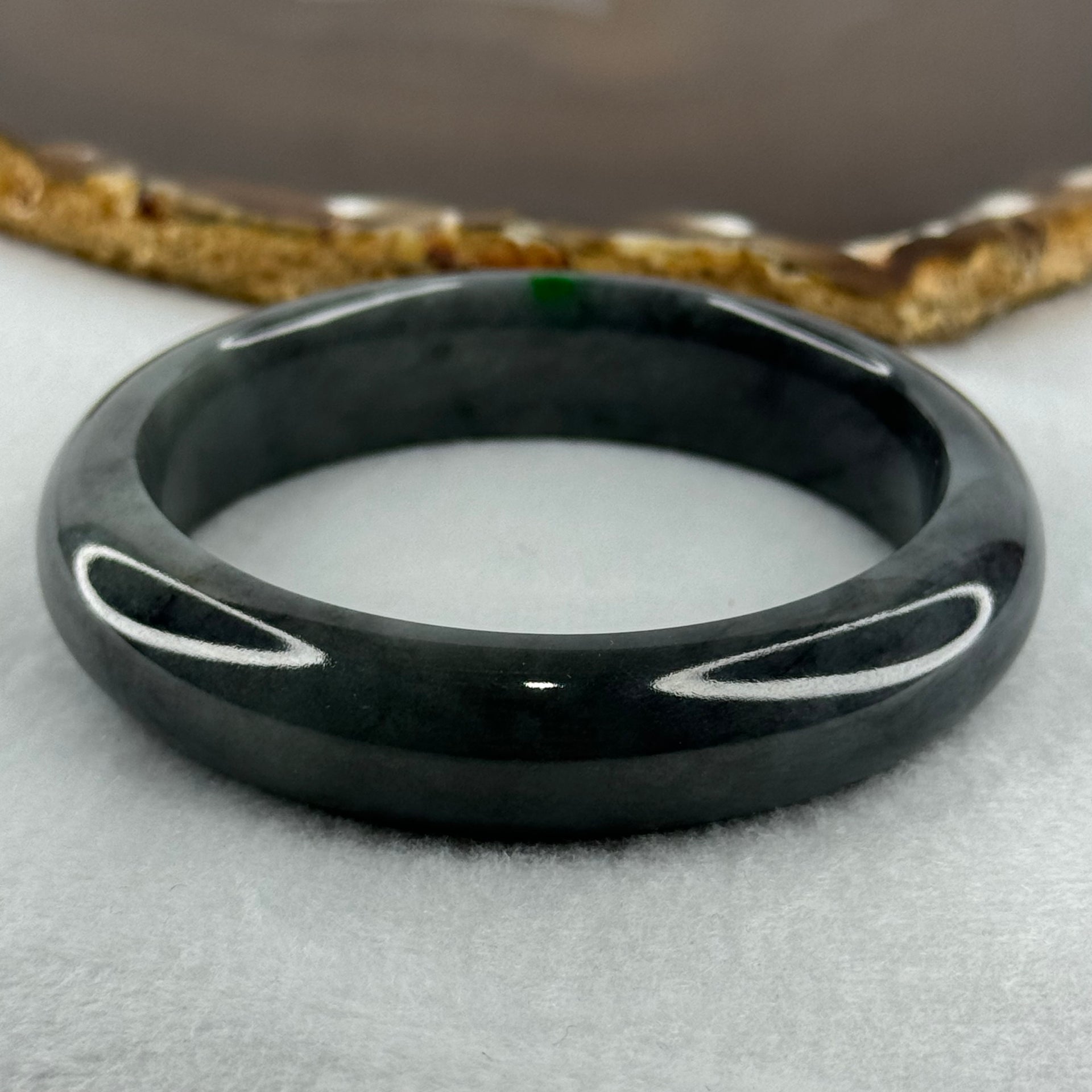 Type A Wuji Grey Black with Imperial Green Patch Jadeite Bangle Internal Diameter 57.0mm 66.25g 14.4 by 8.7mm (Internal Lines) - Huangs Jadeite and Jewelry Pte Ltd