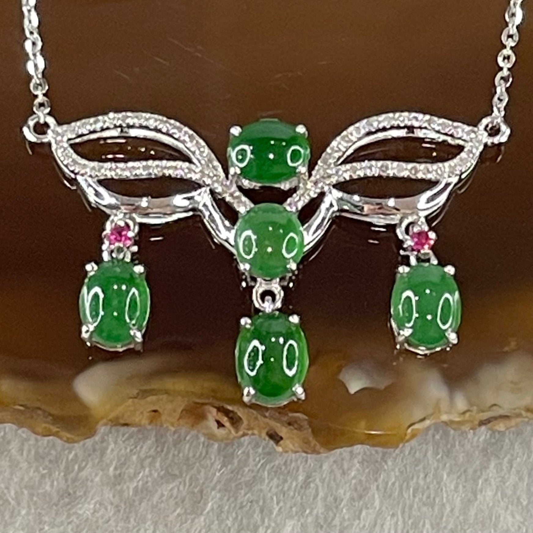 Type A Icy Green Cabouchons with Diamonds in 18K White Gold Necklace 3.48g each about 4.9 by 3.9 by 2.8mm 5 pieces - Huangs Jadeite and Jewelry Pte Ltd