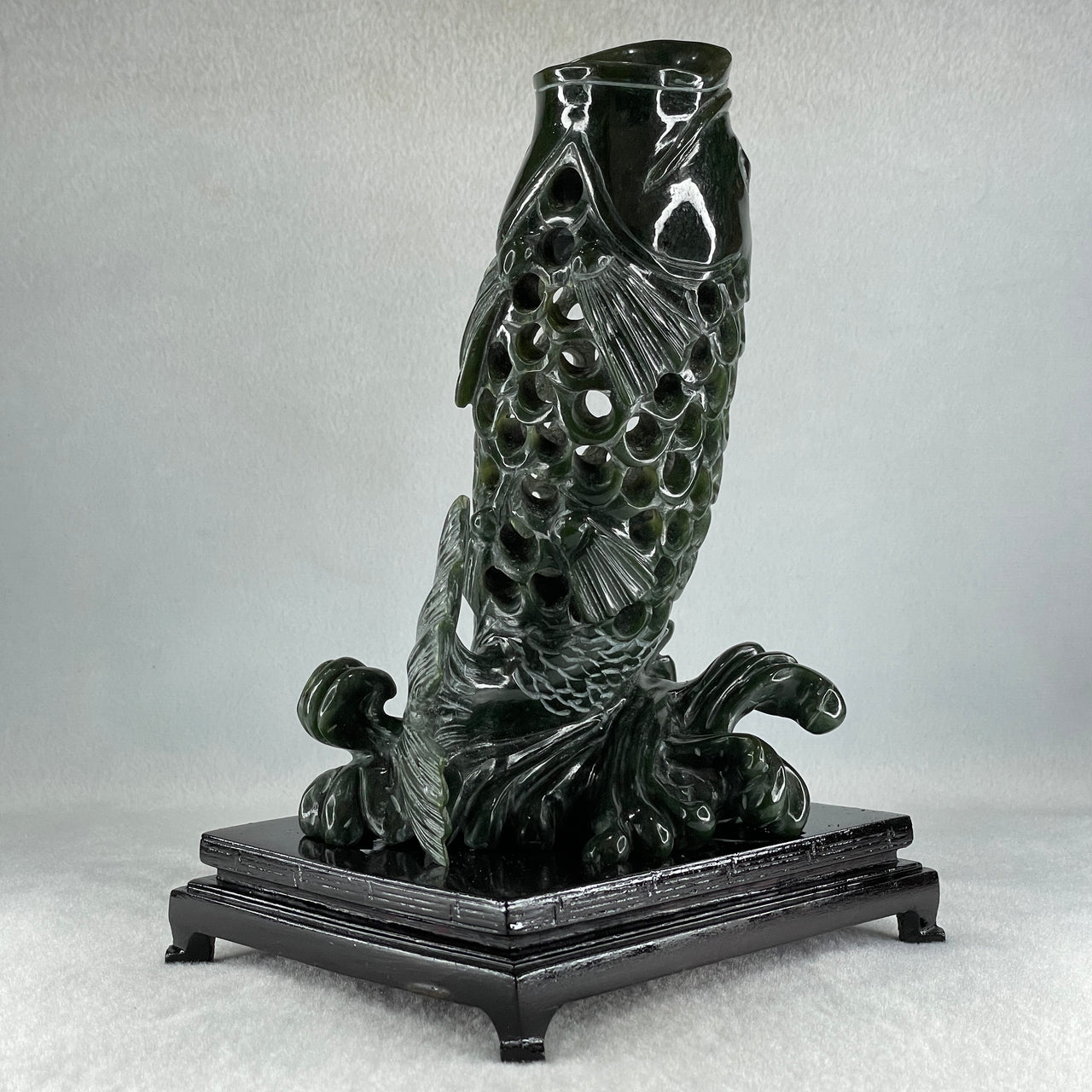 Natural Dark Green Serpentine Carp Fish with Wooden Stand Display 1,215.0g 160.0 by 120.0 by 230.0mm - Huangs Jadeite and Jewelry Pte Ltd