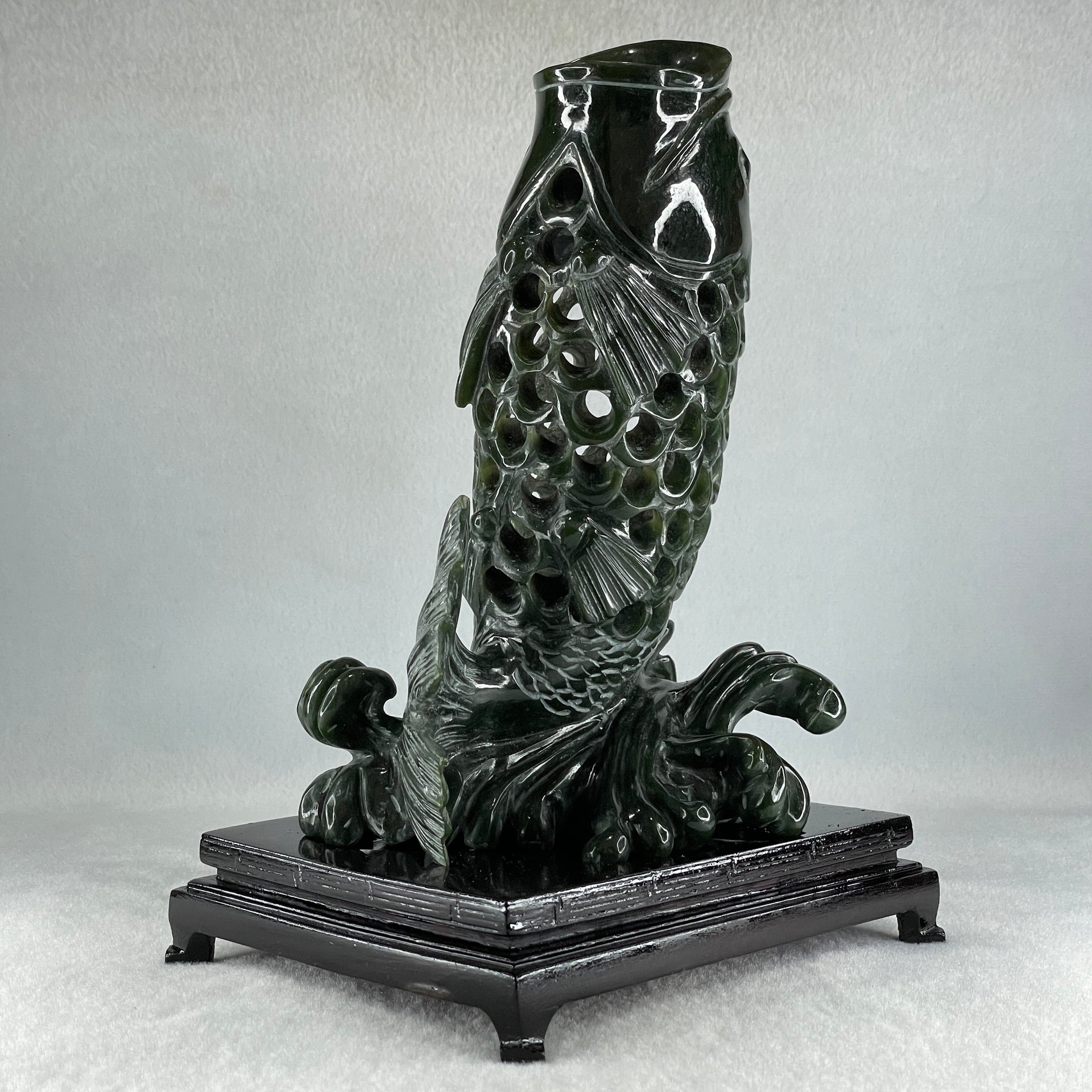 Natural Dark Green Serpentine Carp Fish with Wooden Stand Display 1,215.0g 160.0 by 120.0 by 230.0mm - Huangs Jadeite and Jewelry Pte Ltd