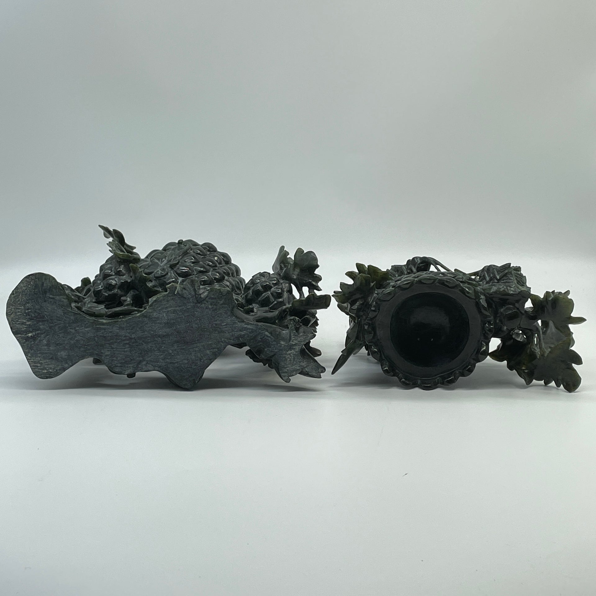 Natural Dark Green Nephrite Cricket Pair on Grapes Plant with Wooden Display 2,429.6g 241.0 by 100.0 by 260.0mm - Huangs Jadeite and Jewelry Pte Ltd