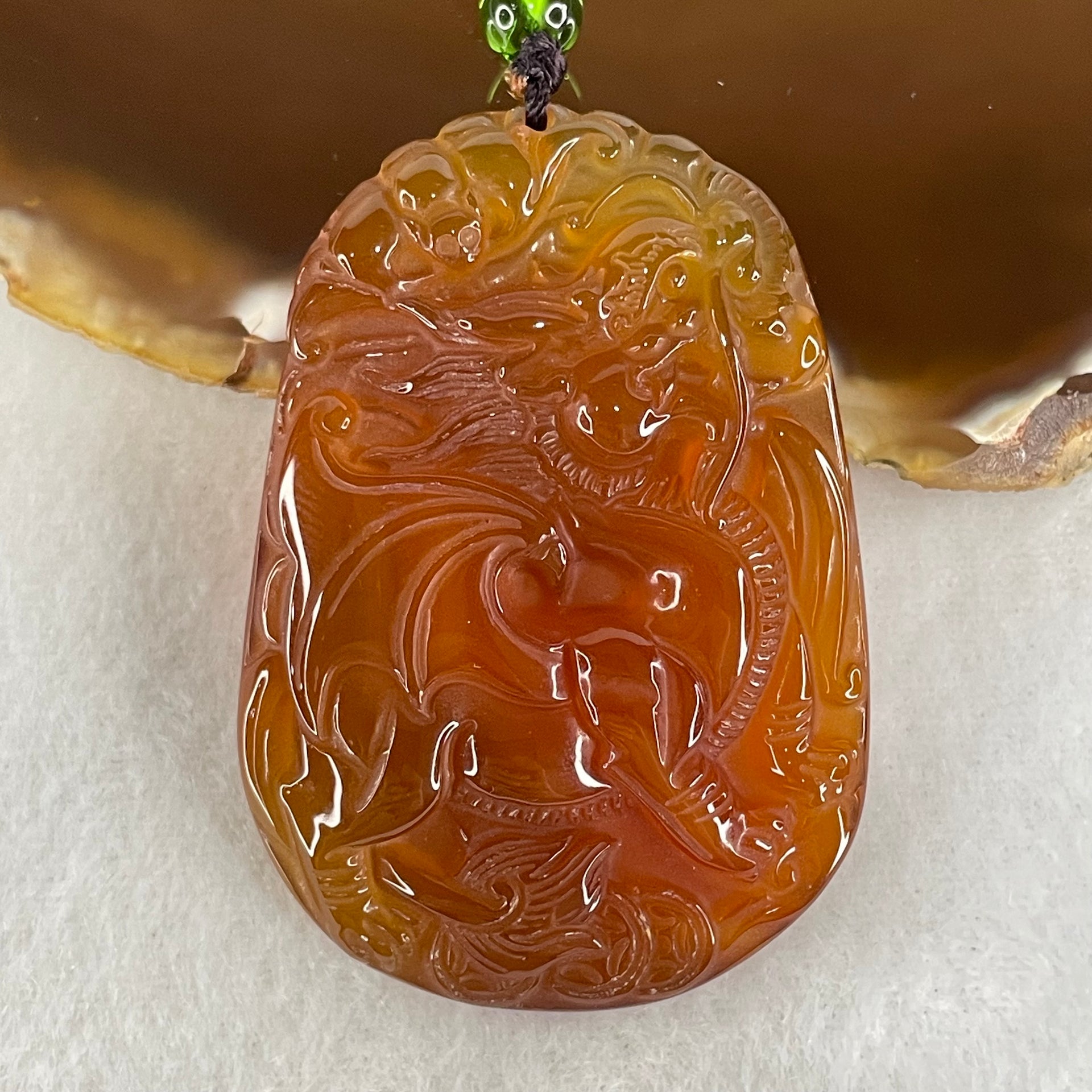 Natural Brownish Red Chalcedony Dragon Pendant 27.687g 54.1 by 38.5 by 9.1mm in Crystal Necklace 65cm - Huangs Jadeite and Jewelry Pte Ltd