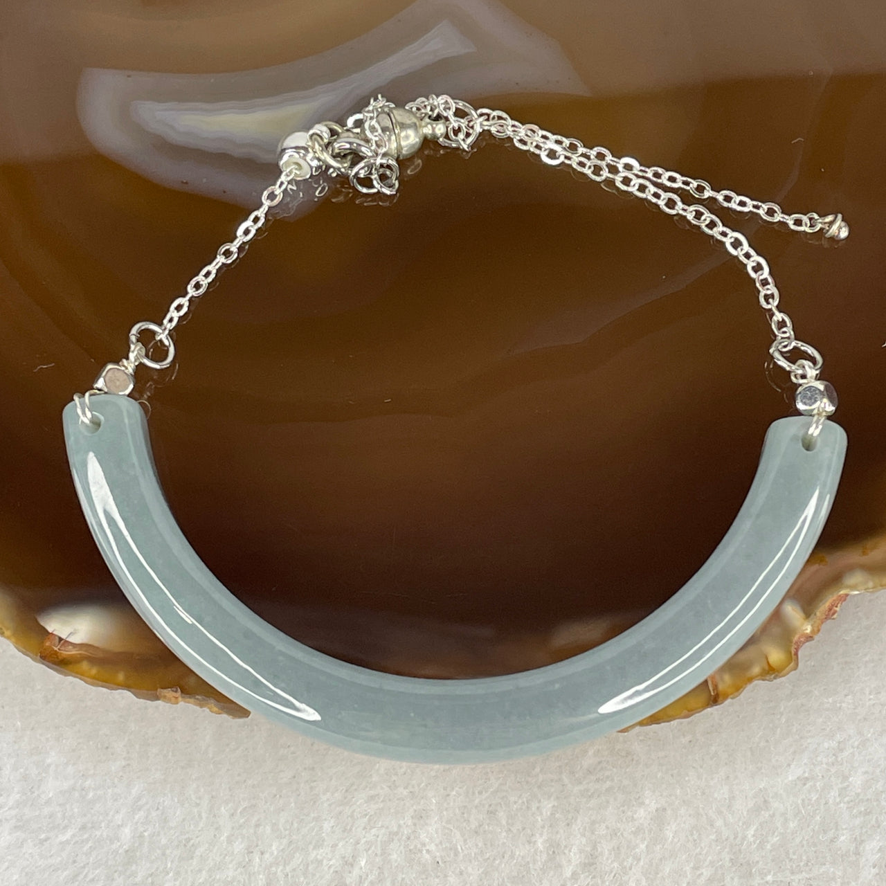 Natural Type A Blueish Green Jadeite Half-Bangle Bracelet | Solid Silver Adjustable Chain Luxury Hybrid Cuff (18.08g, 15-20cm, 72.7x8.1x7.4mm)