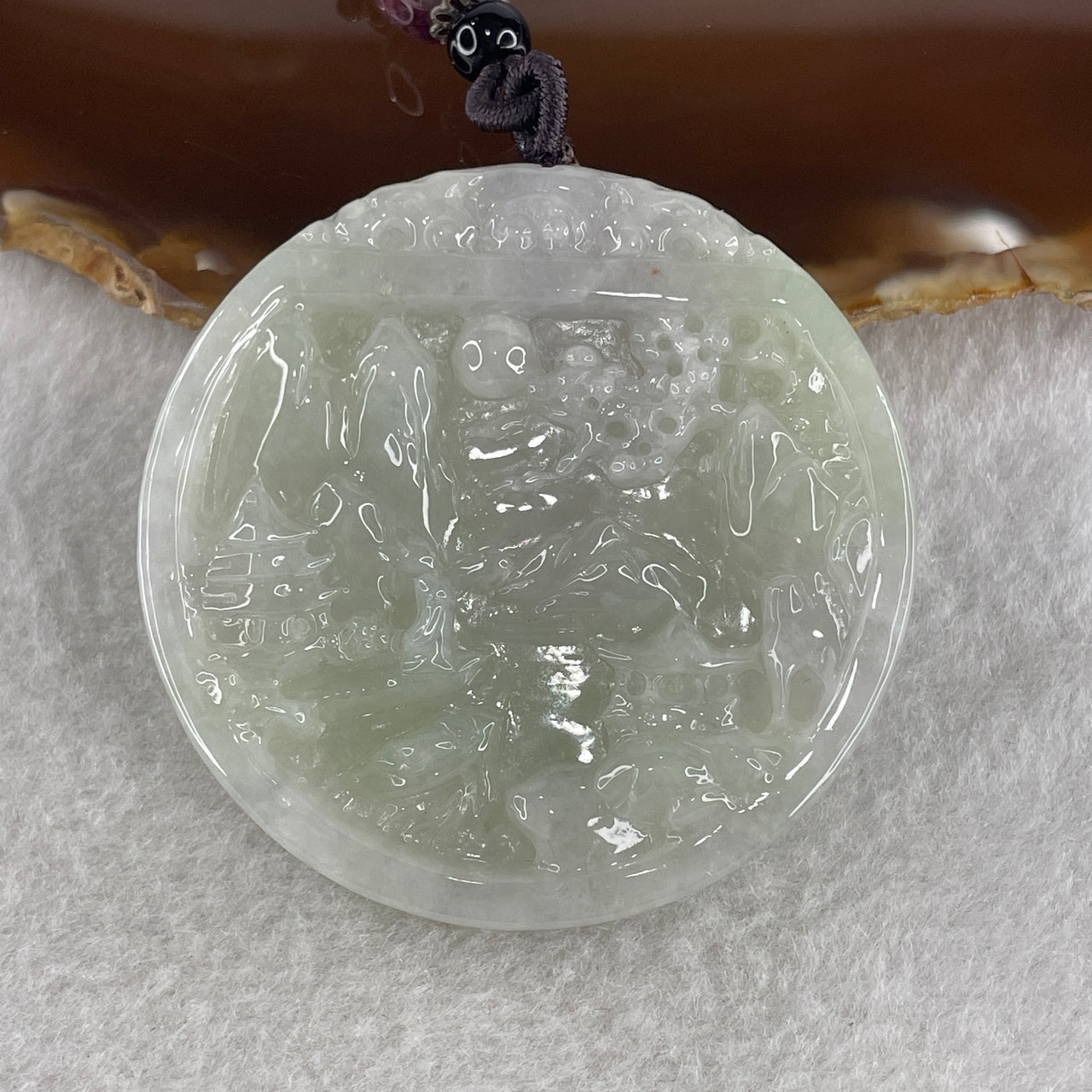 Natural Type A Light Green with Faint Lavender Jadeite Shan Shui with Guiren Benefactor Pendant 56.64g 54.1 by 9.2mm - Huangs Jadeite and Jewelry Pte Ltd