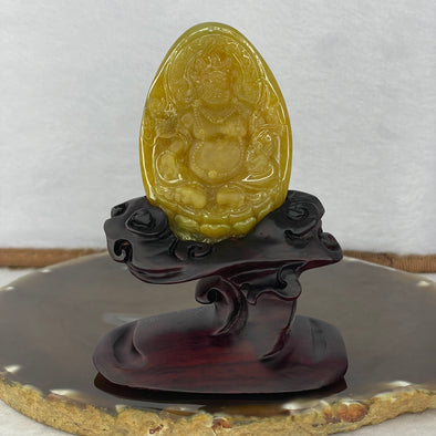 Grand Master Very Translucent Type A Yellow Jadeite Huang Cai Shen 黄财神 Yellow Jambhala 36.99g 62.6 by 40.8 by 10.8mm with Wooden Stand - Huangs Jadeite and Jewelry Pte Ltd