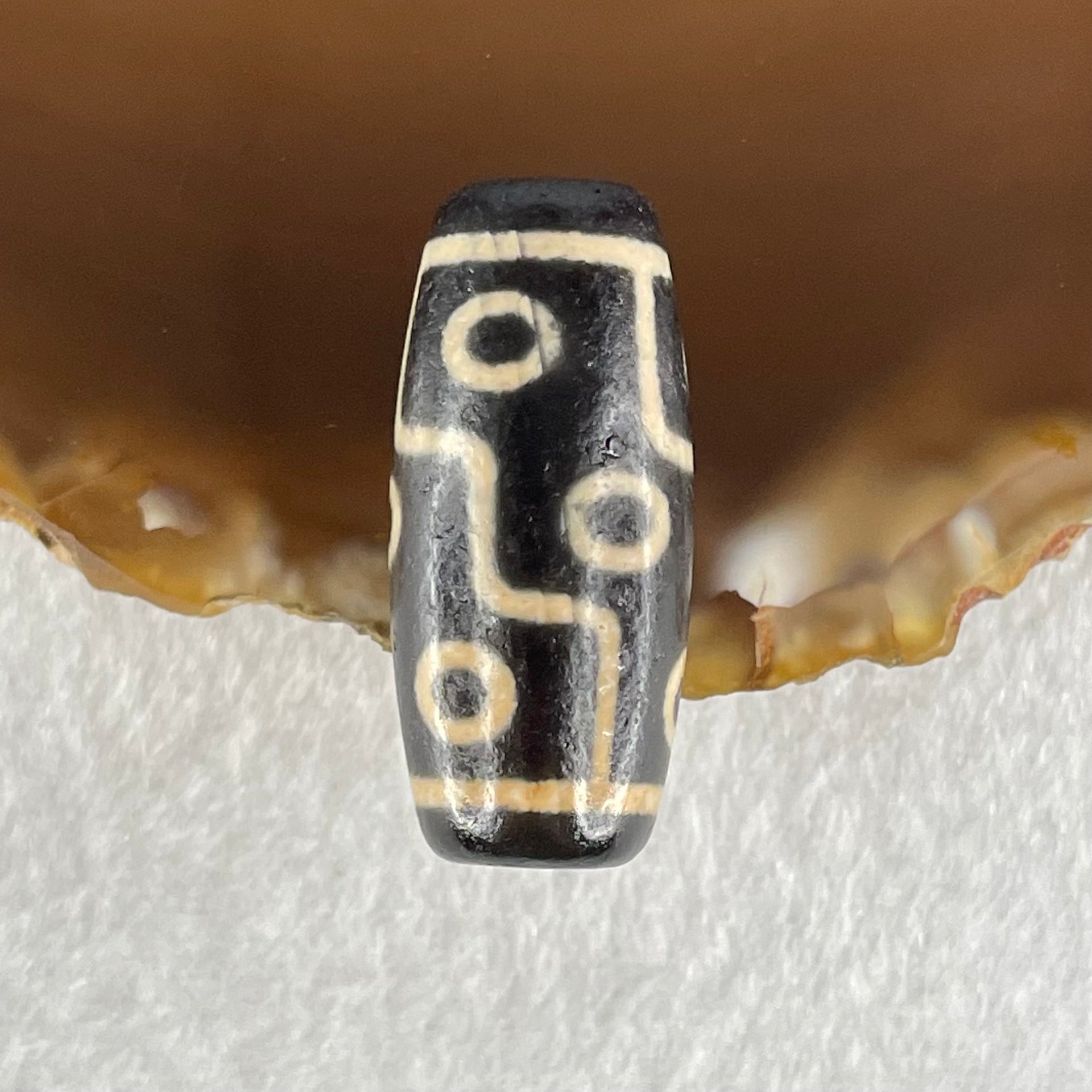 Natural Powerful Tibetan Old Oily Dark Brown with Yellowish White Agate 9 Eyes Dzi Bead Heavenly Master (Tian Zhu) 九眼天诛 7.02g 28.1 by 12.6mm - Huangs Jadeite and Jewelry Pte Ltd