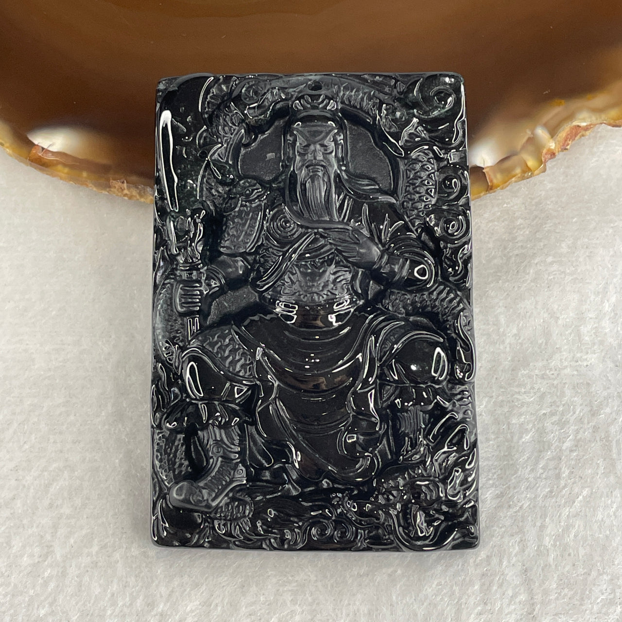 Certified Natural Type A Black Omphacite Jadeite Standing Guan Gong with Dragon Pendant 41.84g 62.5 by 42.2 by 8.7mm