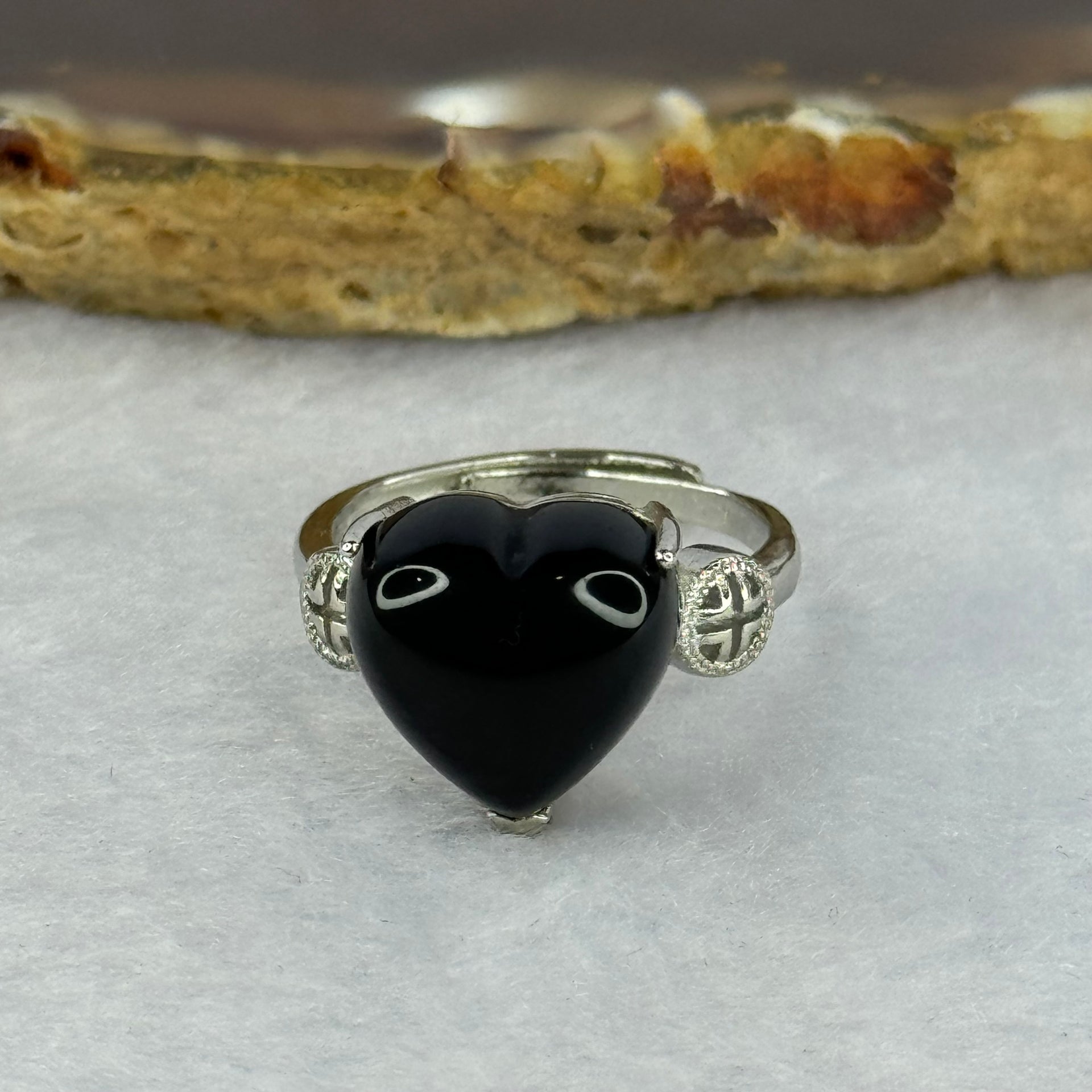 Natural Black Obsidian in S925 Sliver Ring (Adjustable Size) 3.47g 12.2 by 11.5 by 7.1mm - Huangs Jadeite and Jewelry Pte Ltd