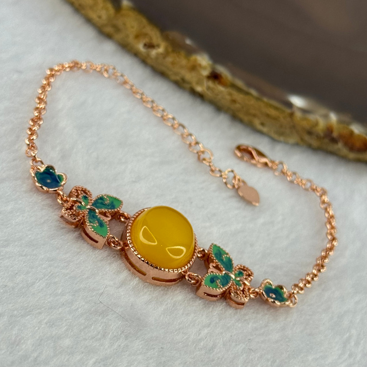 Natural Butterscotch Amber Beads Silver Rose Gold Color Butterfly Bracelet 5.96g 16.7 by 13.0 by 5.5mm - Huangs Jadeite and Jewelry Pte Ltd