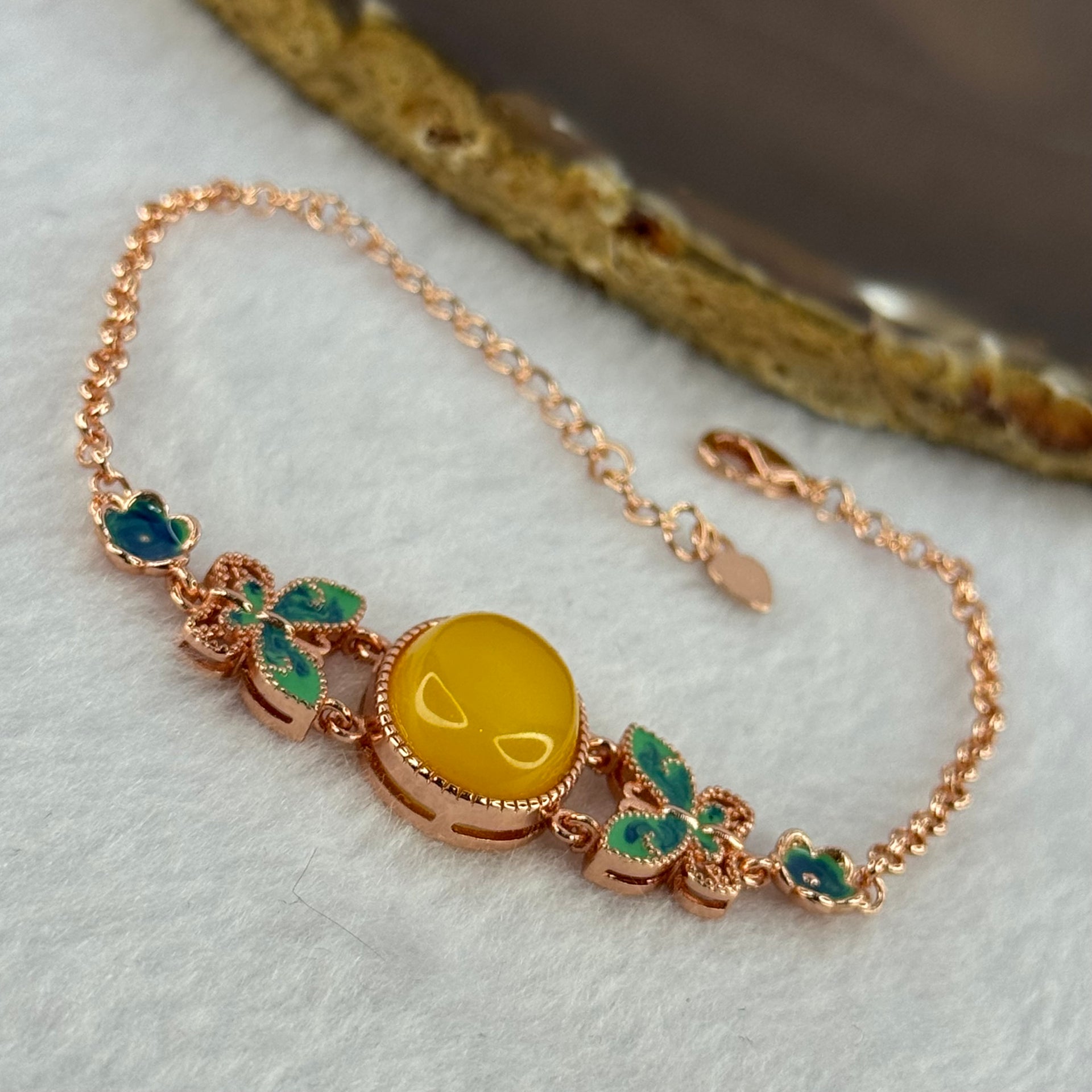 Natural Butterscotch Amber Beads Silver Rose Gold Color Butterfly Bracelet 5.96g 16.7 by 13.0 by 5.5mm - Huangs Jadeite and Jewelry Pte Ltd