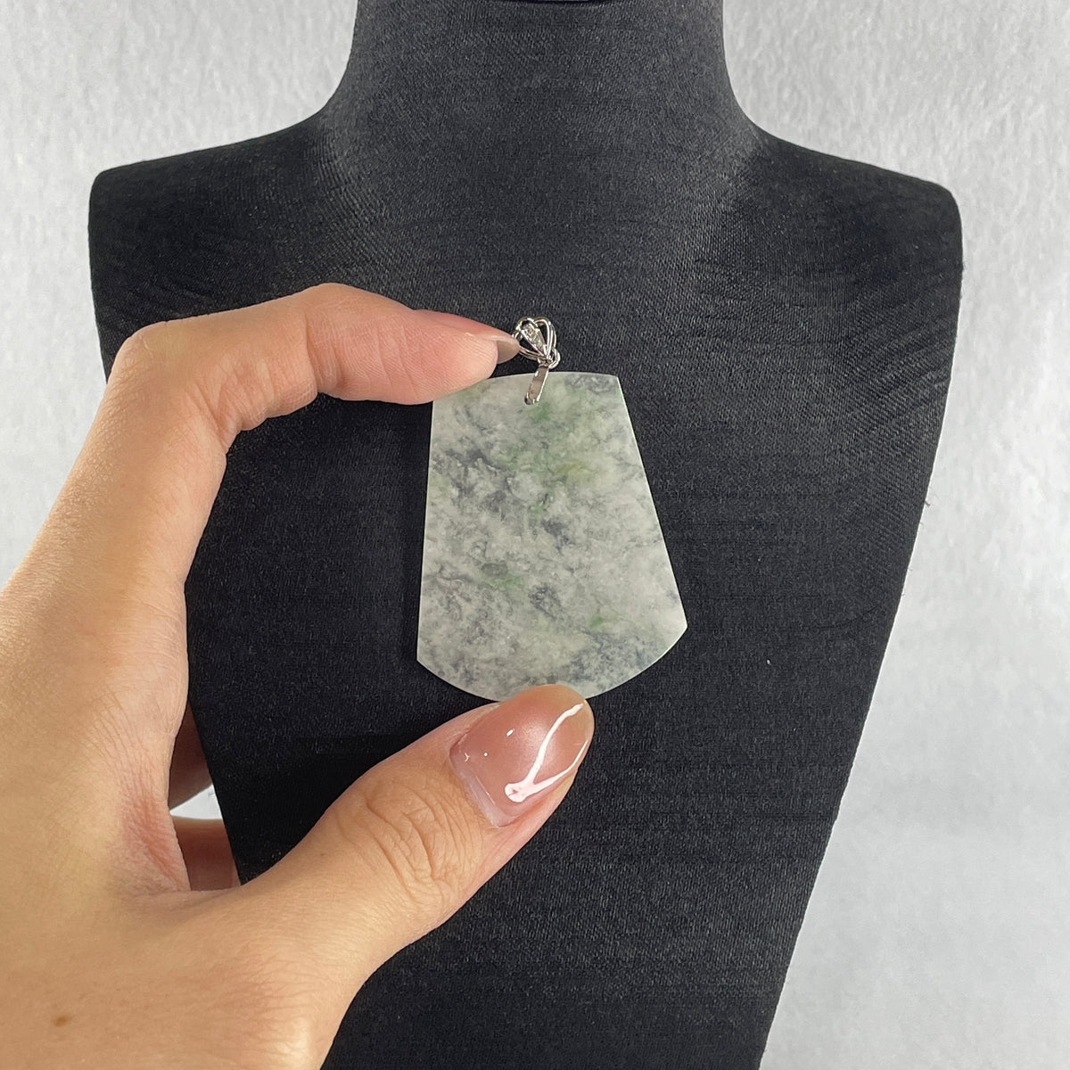 Natural Type A Semi-Icy White & Green Piao Hua Jadeite Wu Shi Pai Pendant in S925 Silver | Peace Plaque Talisman (10.79g | 43.8 x 35.7 x 2.5mm) - Huangs Jadeite and Jewelry Pte Ltd