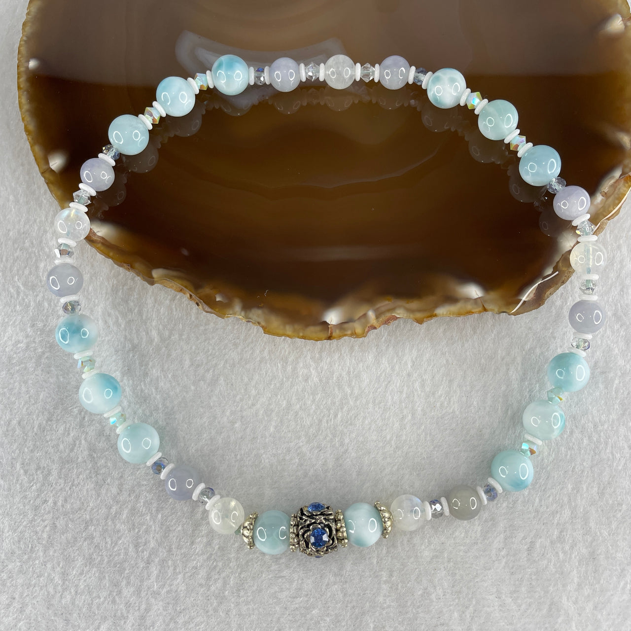 Natural Larimar and Blue Moonstone Beads Necklace with Charms 31.77g 17cm 9.2mm 11 Beads 7.8mm 13 Beads