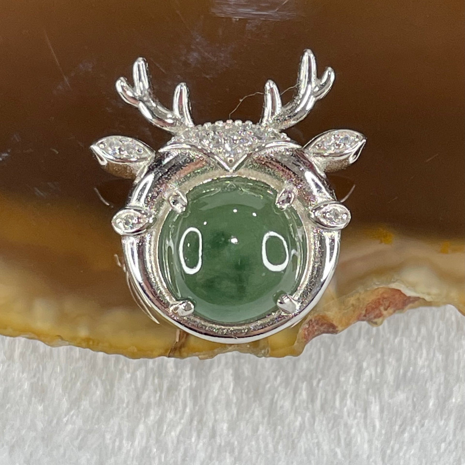 Type A Semi Icy Blueish Green Jadeite in S925 Sliver Reindeer with Crystal Charm 2.73g 9.5 by 4.5mm - Huangs Jadeite and Jewelry Pte Ltd