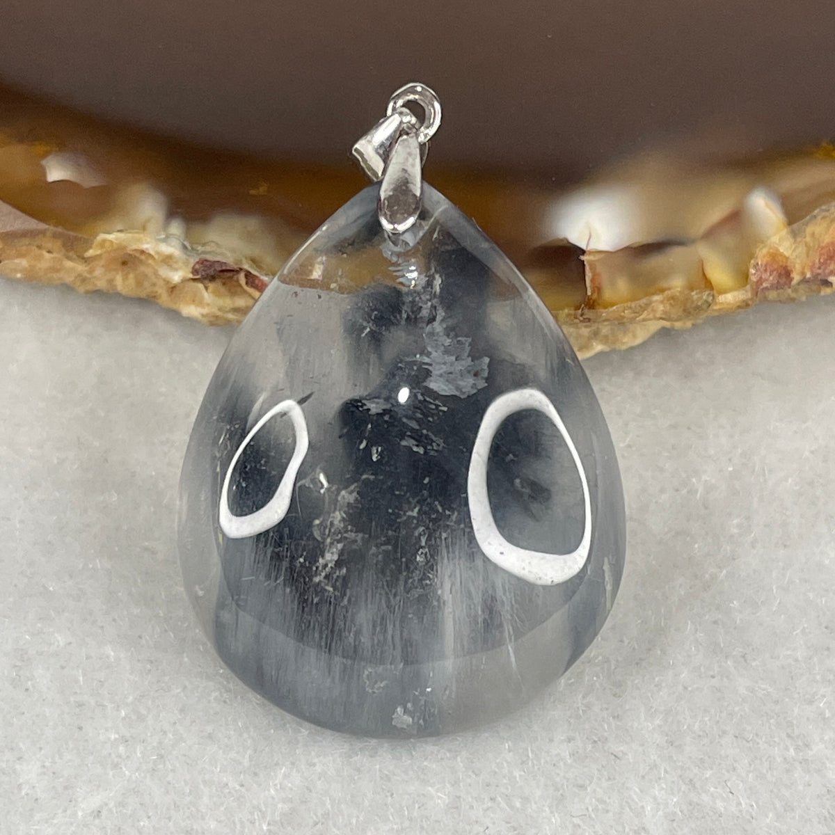 Very Good Grade Natural Silver Titanium Rutilated Teardrop Pendant in S925 Silver Clasp | 27.0mm Silver Rutile Amulet (6.88g | 27.0x21.5x8.5mm)