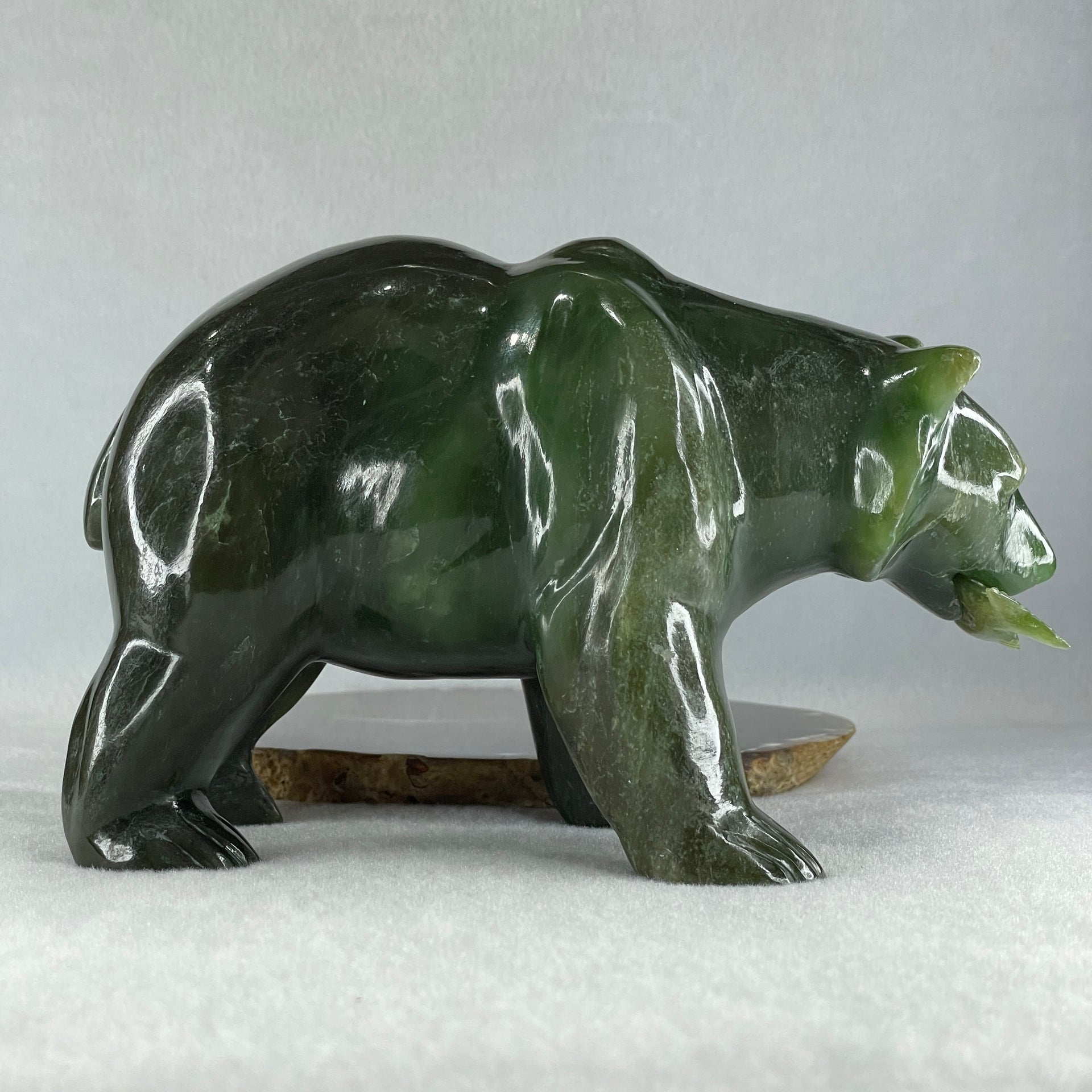 Natural Dark Green Serpentine Bear eating Fish Display 1,800.0g 180.5 by 82.0 by 107.0mm - Huangs Jadeite and Jewelry Pte Ltd