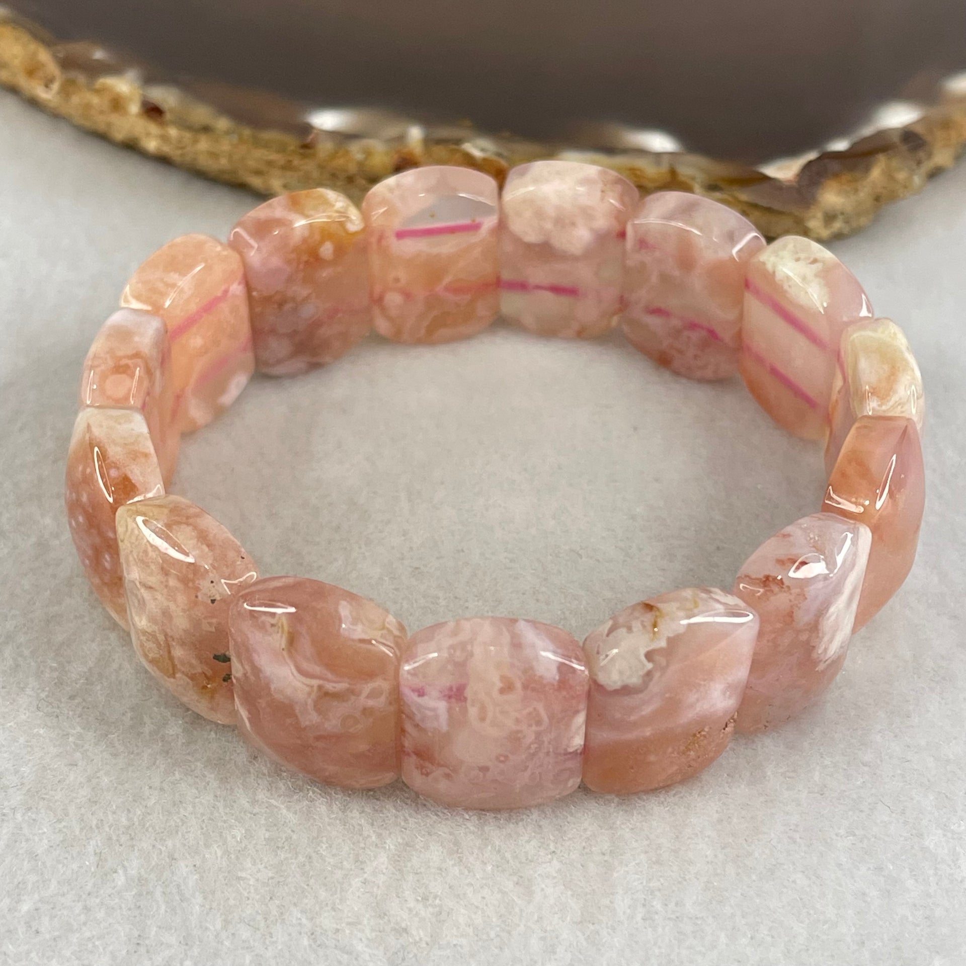 Above Average Natural Pink Flower Agate Shou Pai Bracelet 38.91g 17cm 18.0 by 13.1mm 15 Pieces (Slight External Rough) - Huangs Jadeite and Jewelry Pte Ltd