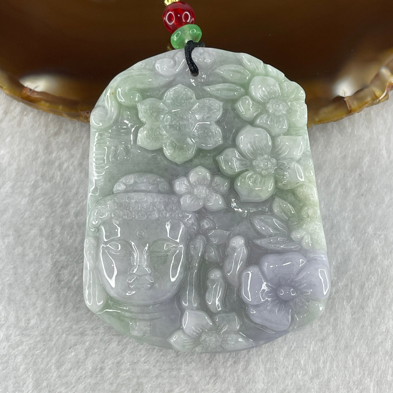 Natural Type A Lavender with Light Green Jadeite Buddha Flowers and People Seeking Enlightenment Pendant 72.02g 54.4 by 43.8 by 13.6mm