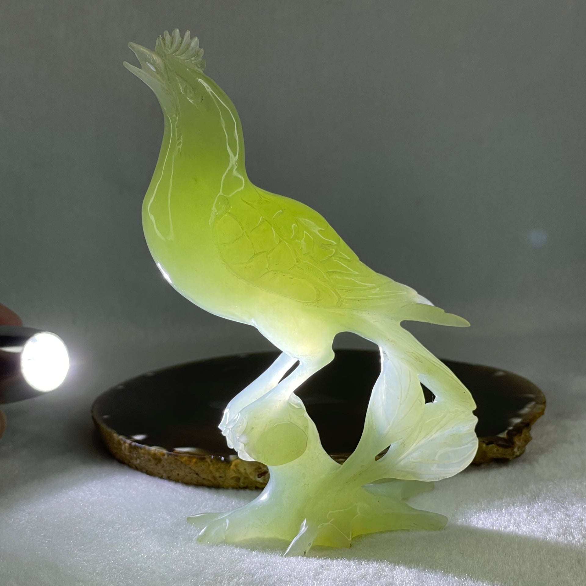 Natural Green Serpentine Bird with Wooden Stand Display 316.4g 117.3 by 76.2 by 175.0mm - Huangs Jadeite and Jewelry Pte Ltd