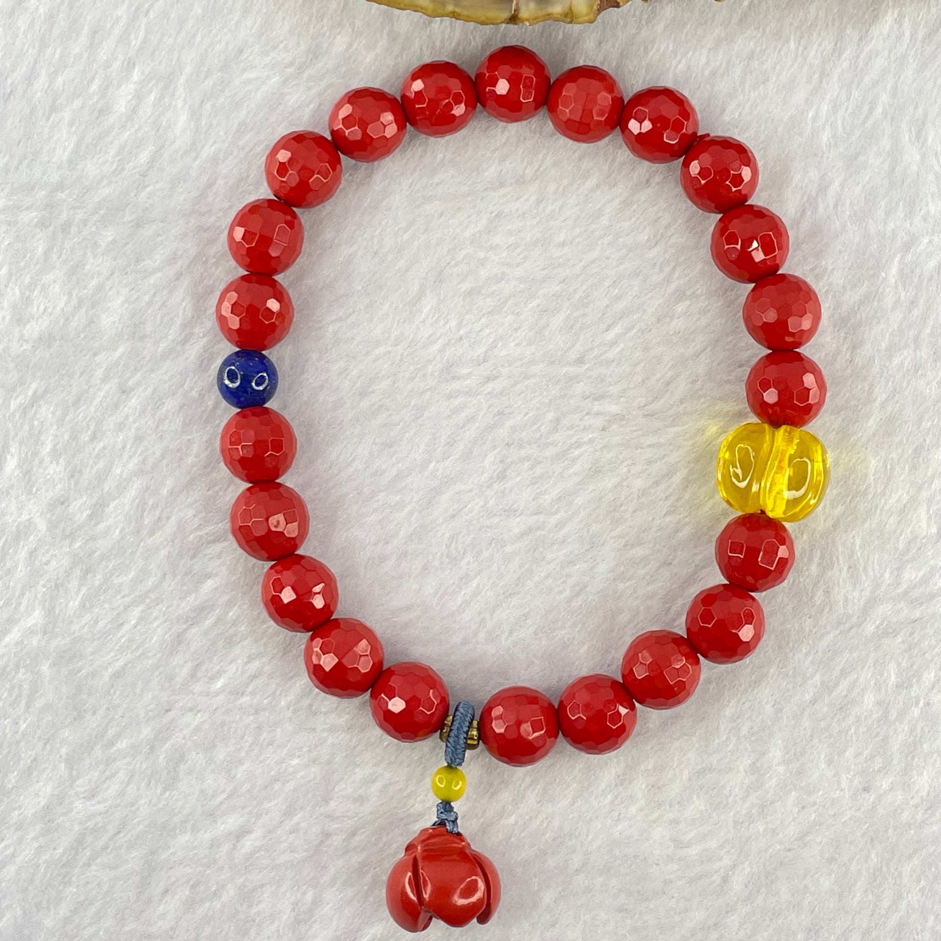 Natural Red Cinnabar Beads Bracelet with Flower Charm and Amber Pumpkin 26.20g 11.6 by 9.6mm 8.2mm 22 Beads - Huangs Jadeite and Jewelry Pte Ltd