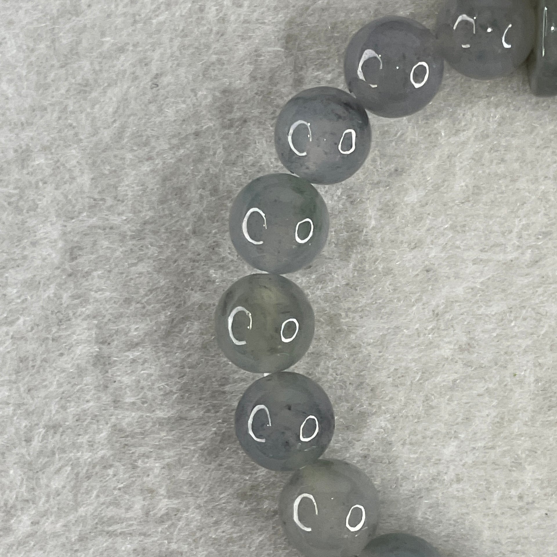 Certified Natural Type A Semi icy Wuyji Grey Jadeite Beads with Lulutong Charm Bracelet 25.45g 15cm 8.4mm 20 Beads - 14.5 by 11.8mm Lulutong - Huangs Jadeite and Jewelry Pte Ltd