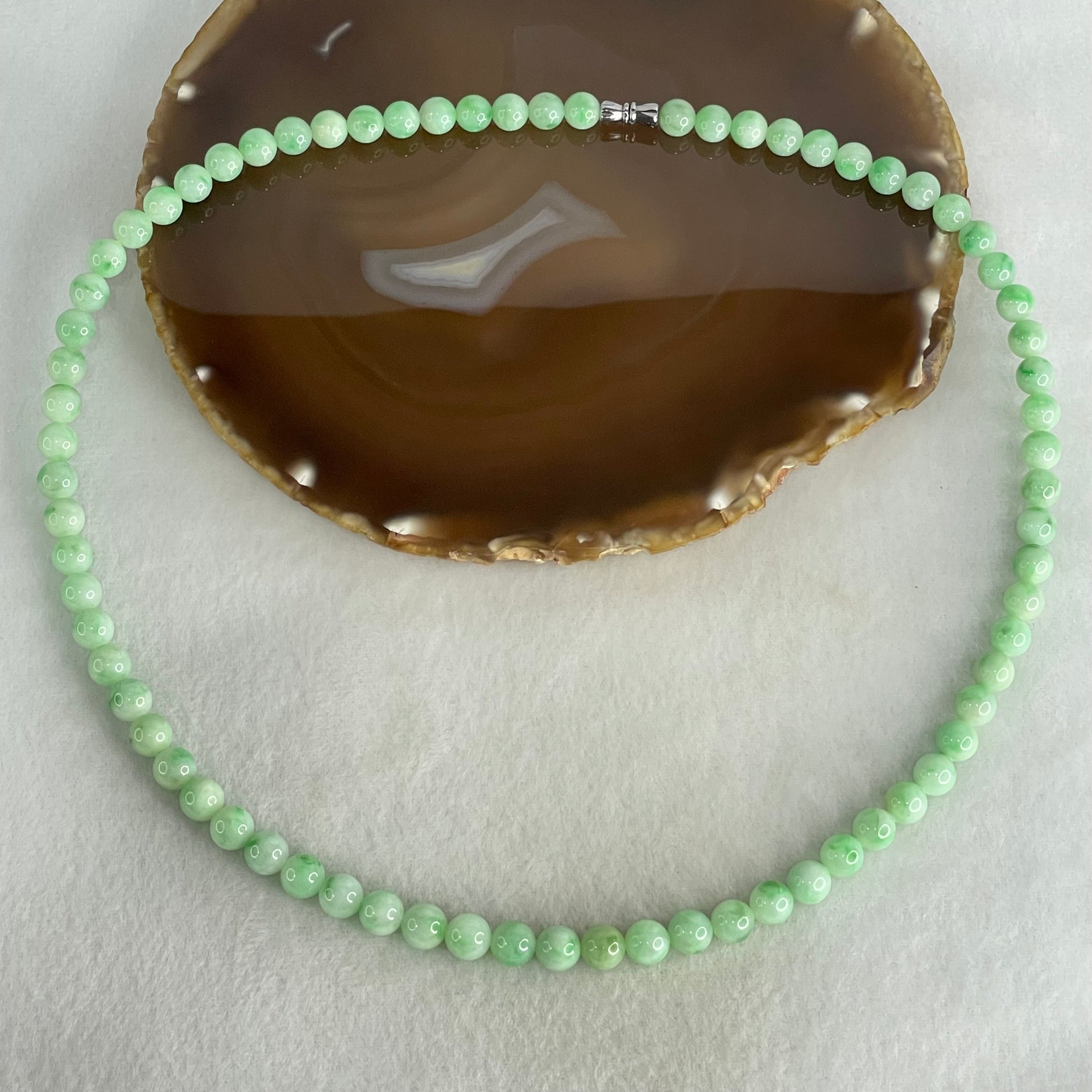 Good Grade Type A Apple Green with Emerald Green Piao Hua Jadeite Beads Necklace 55.48g 54cm 7.1 to 8.2mm 73 Beads - Huangs Jadeite and Jewelry Pte Ltd