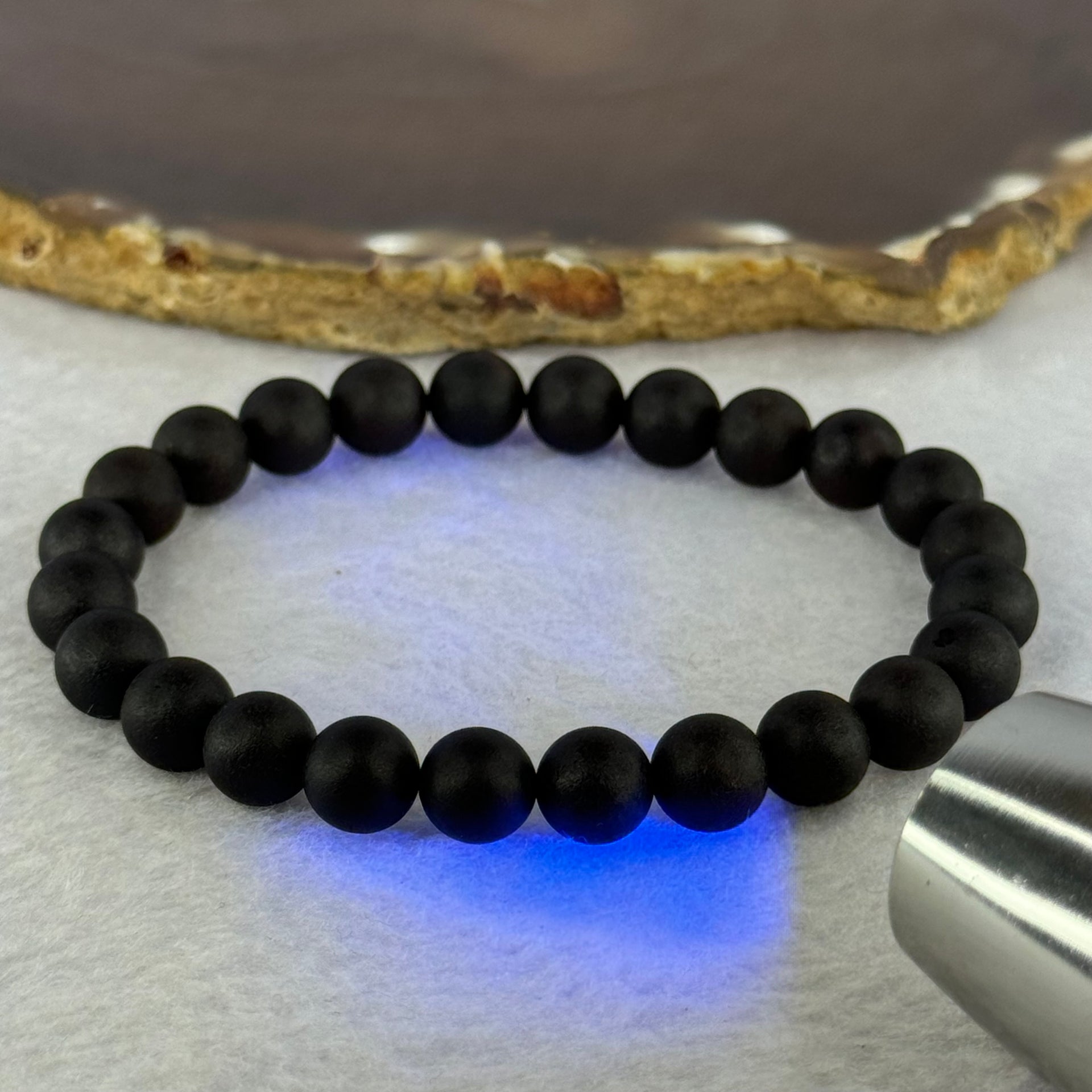 Natural Dark Matt Black Amber Beads Bracelet 天然大黑天翁琥珀手链 7.59g 17cm 8.4mm 24 Beads - Huangs Jadeite and Jewelry Pte Ltd