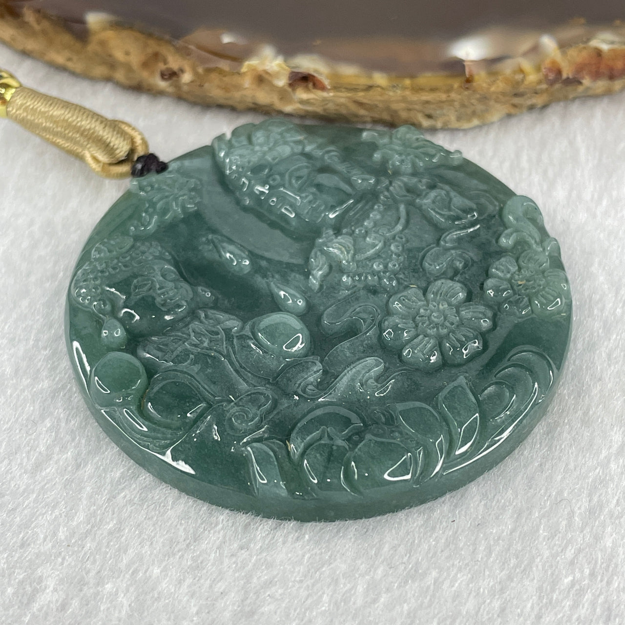 Natural Type A Blueish Green Jadeite Guan Yin with Baby Buddha Pendant 35.27g 49.5 by 5.8mm