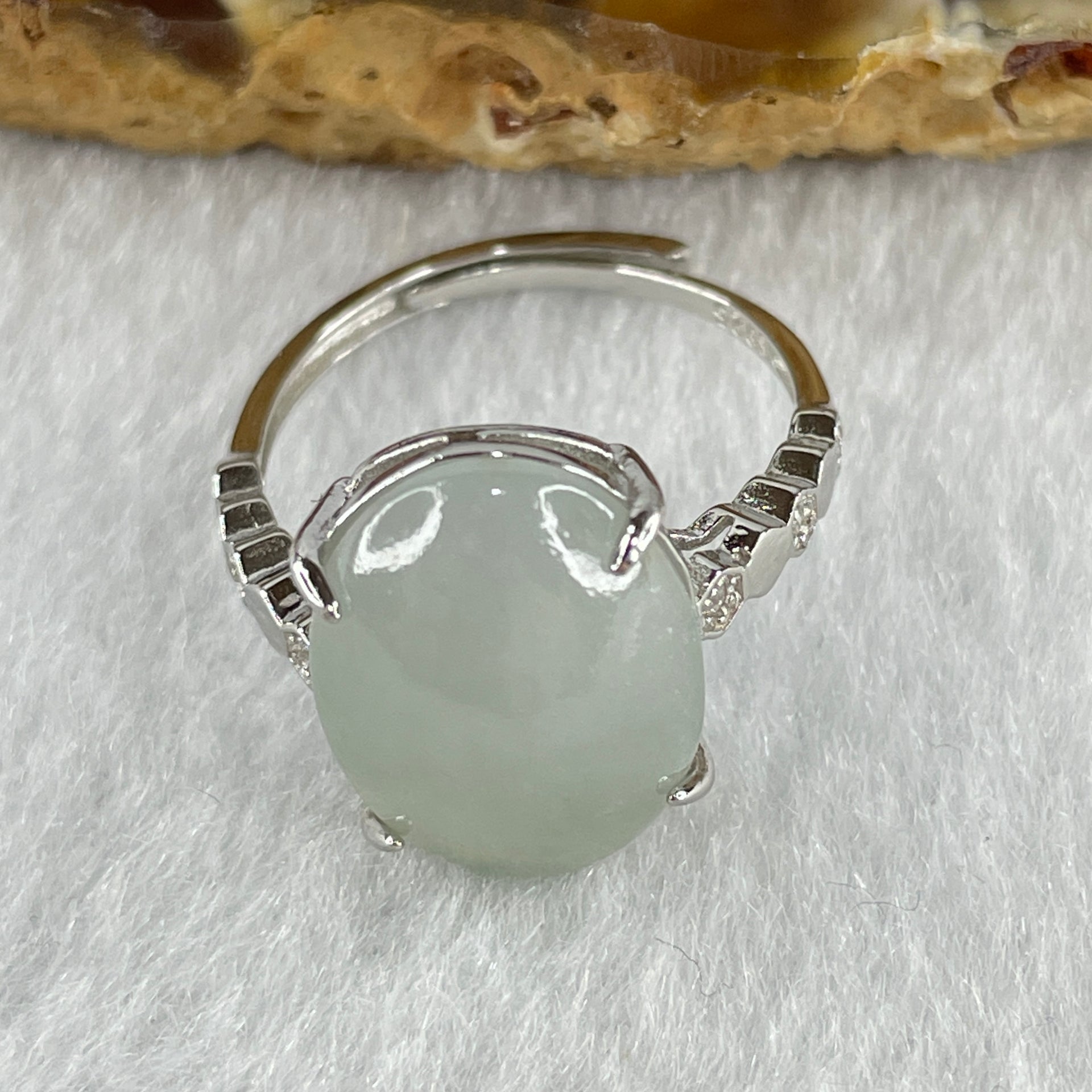 Natural Type A Semi Icy Faint Lavender Jadeite Oval Shape Cabouchon in S925 Silver Ring (Adjustable Size) 2.70g 14.8 by 11.1 by 4.5mm - Huangs Jadeite and Jewelry Pte Ltd