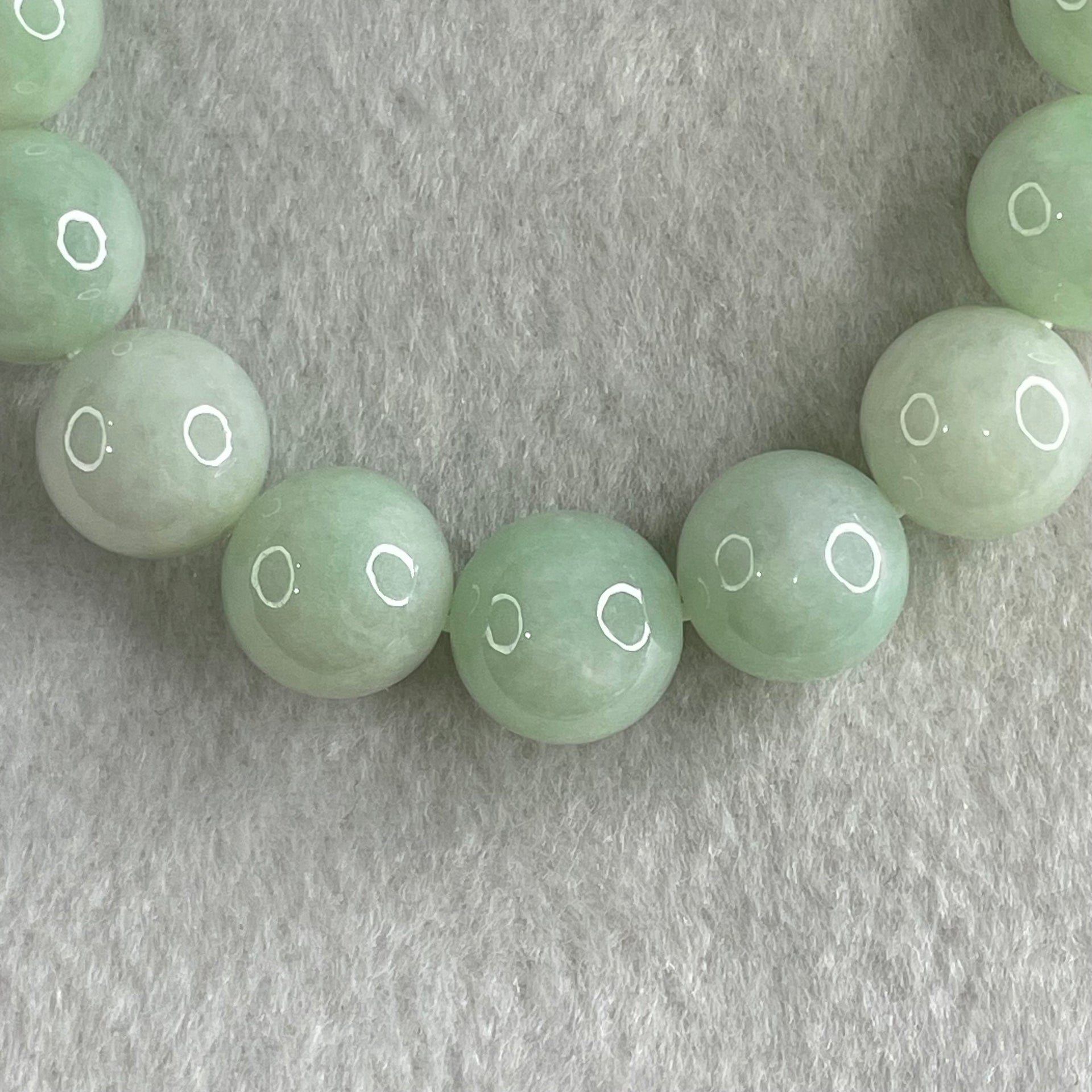 Type A Light Green Jadeite Beads Bracelet 55.28g 16cm 12.6mm 16 Beads - Huangs Jadeite and Jewelry Pte Ltd