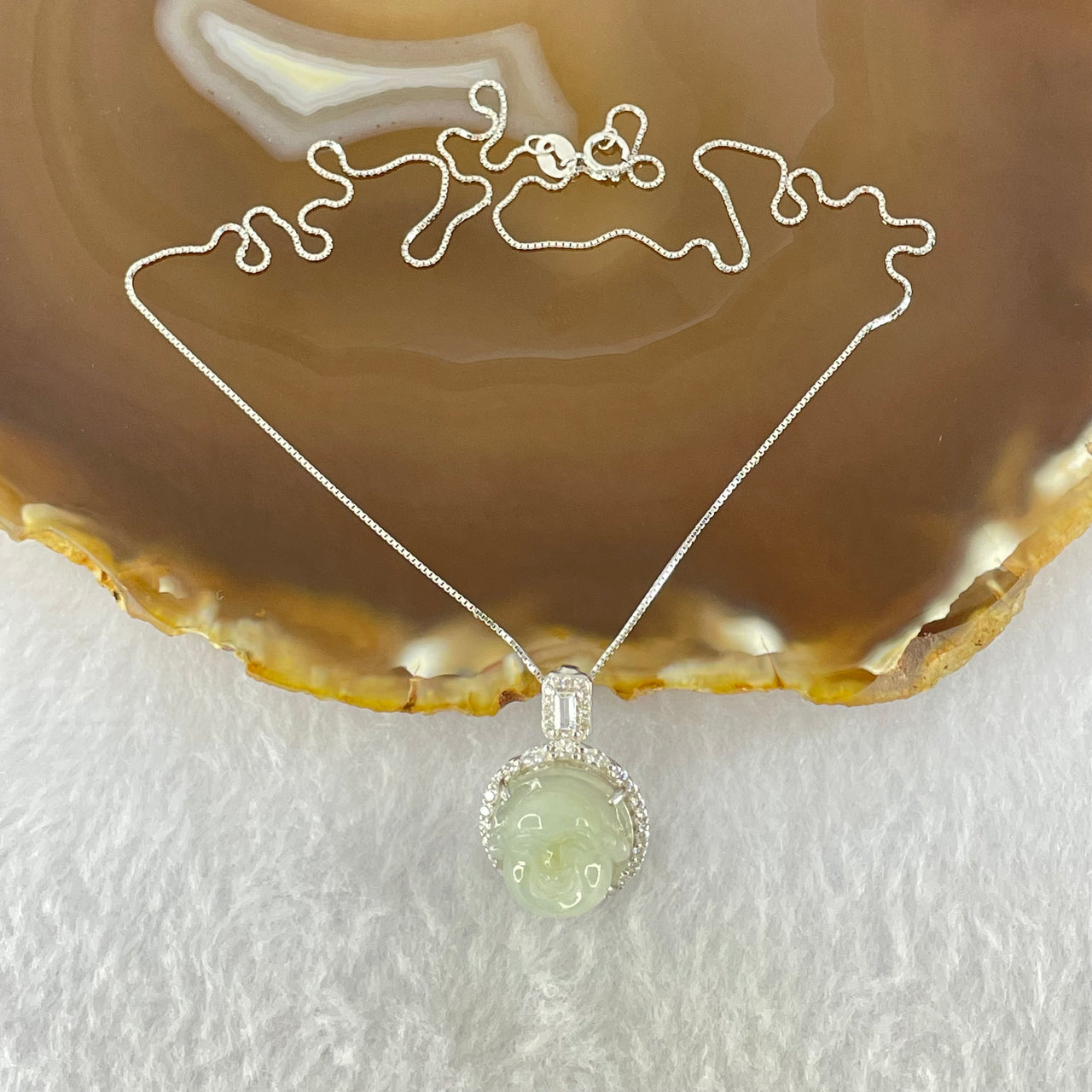 Type A Faint Green Lavender Yellow Milo Buddha with Crystals in S925 Sliver Pendant and Necklace 5.52g 13.9 by 13.9 by  7.5mm - Huangs Jadeite and Jewelry Pte Ltd