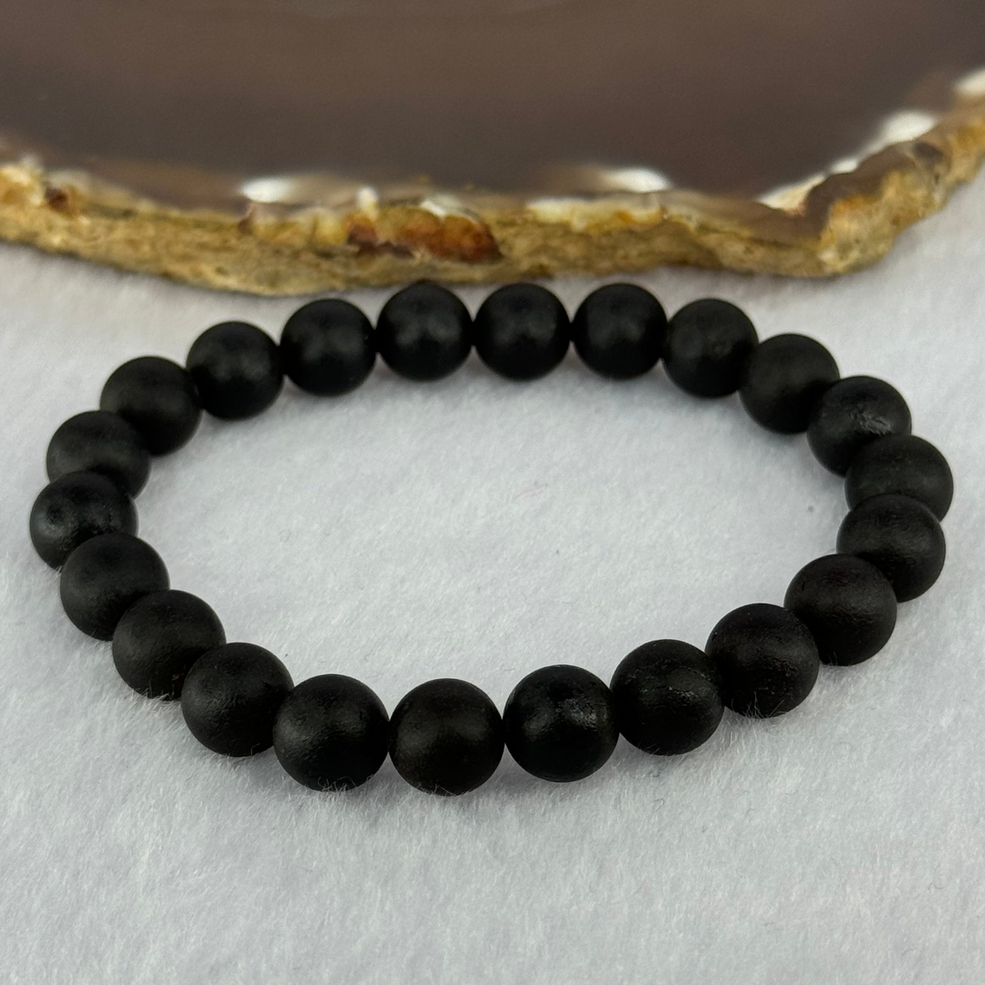 Natural Dark Matt Black Amber Beads Bracelet 天然大黑天翁琥珀手链 7.16g 15cm 8.3mm 22 Beads - Huangs Jadeite and Jewelry Pte Ltd
