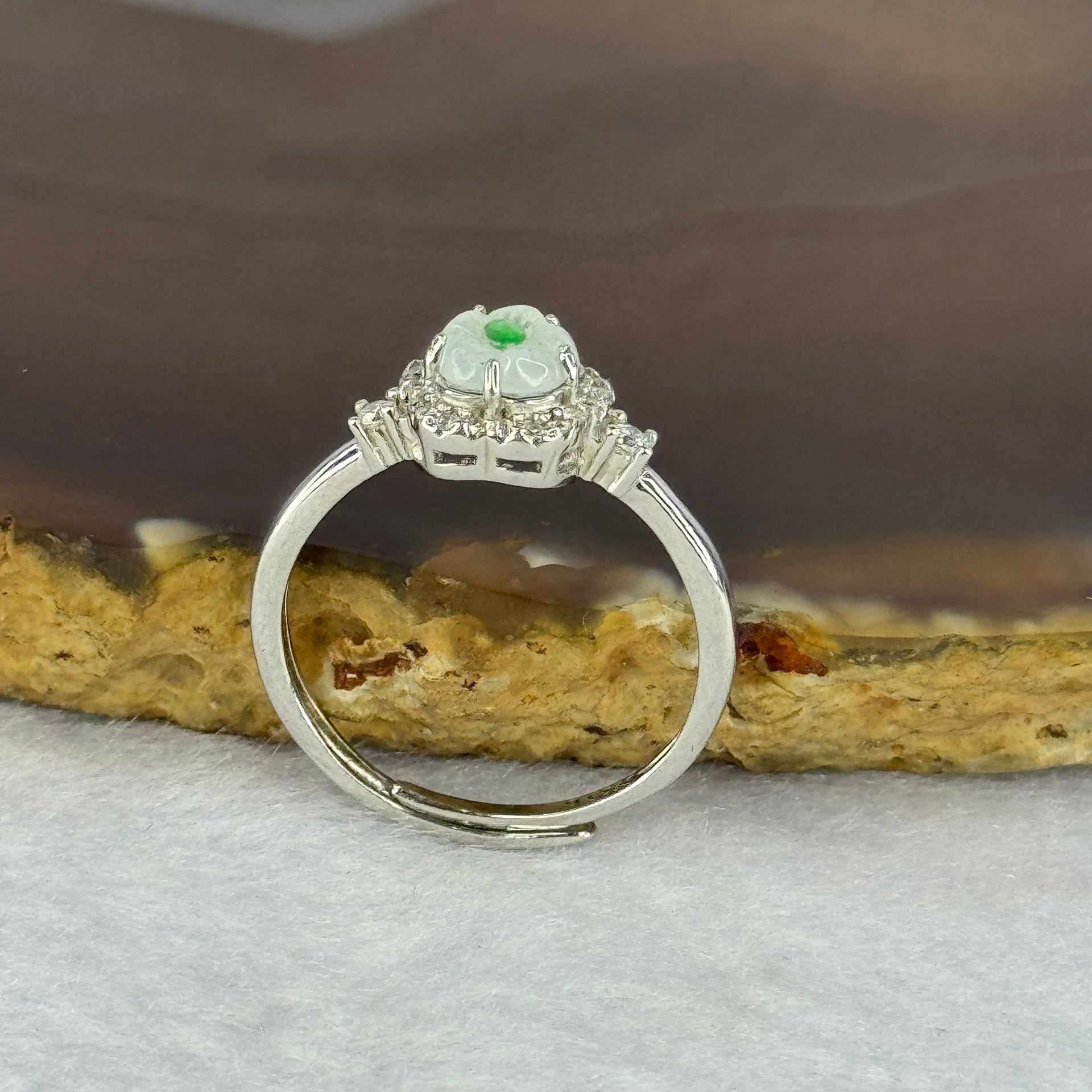 Type A Icy Light Green Jadeite Flower with Crystals in S925 Sliver Ring (Adjustable Size) 1.90g 6.0 by 2.5mm - Huangs Jadeite and Jewelry Pte Ltd