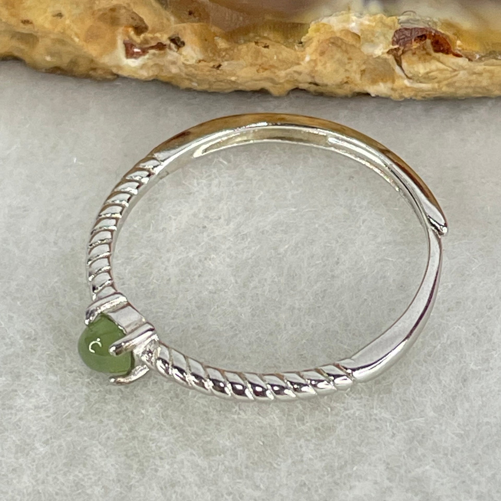 Type A Semi Icy Green Cabochon Jadeite in S925 Sliver Ring (Adjustable Size) 0.98g 3.5 by 1.8mm - Huangs Jadeite and Jewelry Pte Ltd
