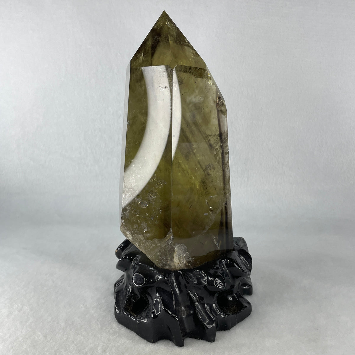 High Grade Natural Smoky Quartz Tower Display with Custom Wooden Stand | (1,698.1g | 120.0x105.0x205.0mm | Chakra & Earth Star Anchor, Stress Dissolver, Executive Composure & Feng Shui Protection Fortress)