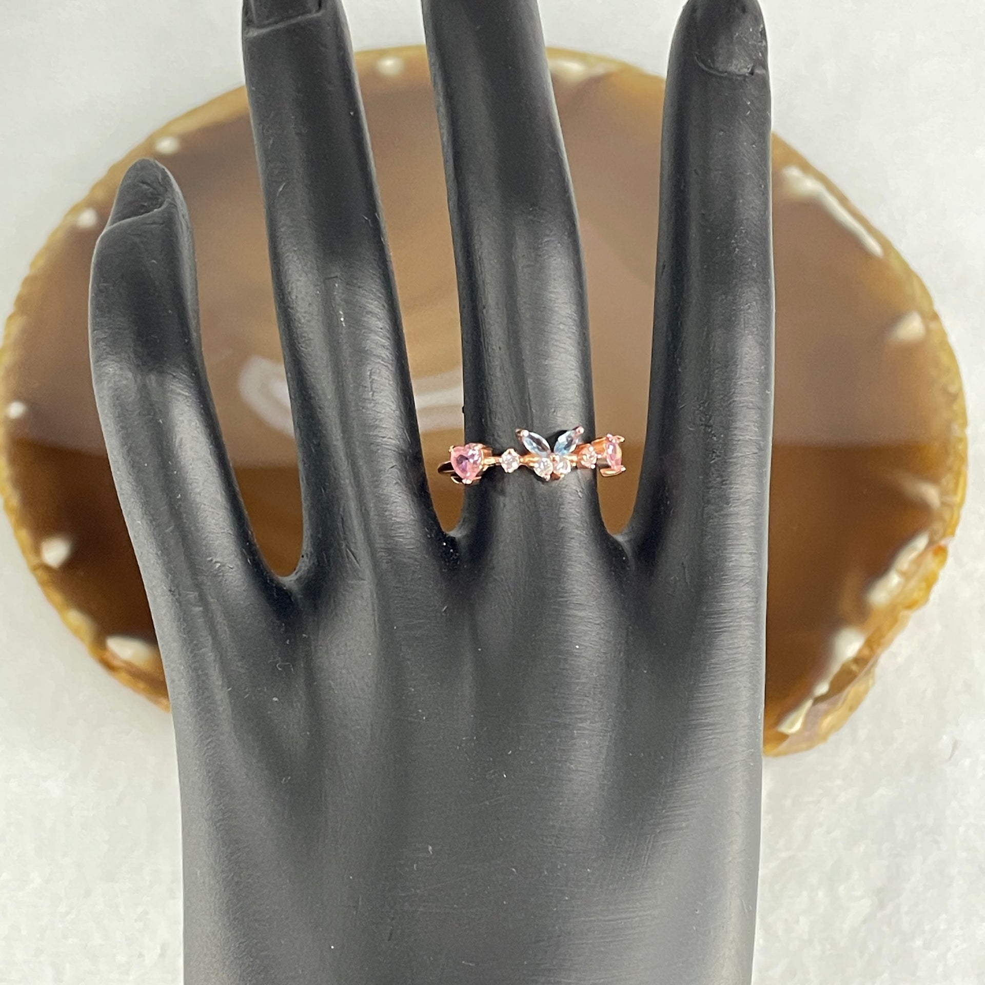 Natural-Pink-Kunzite-and-Blue-Topaz-with-Cubic-Zirconia-in-S925-Sliver-Gold-Color-Ring-1.63g-4.3-by-4.3-by-2.0mm-Pink-4.0-by-2.0-by-1.2-Blue-(Adjustable-Size)-Huangs-Jadeite-and-Jewelry-Pte-Ltd