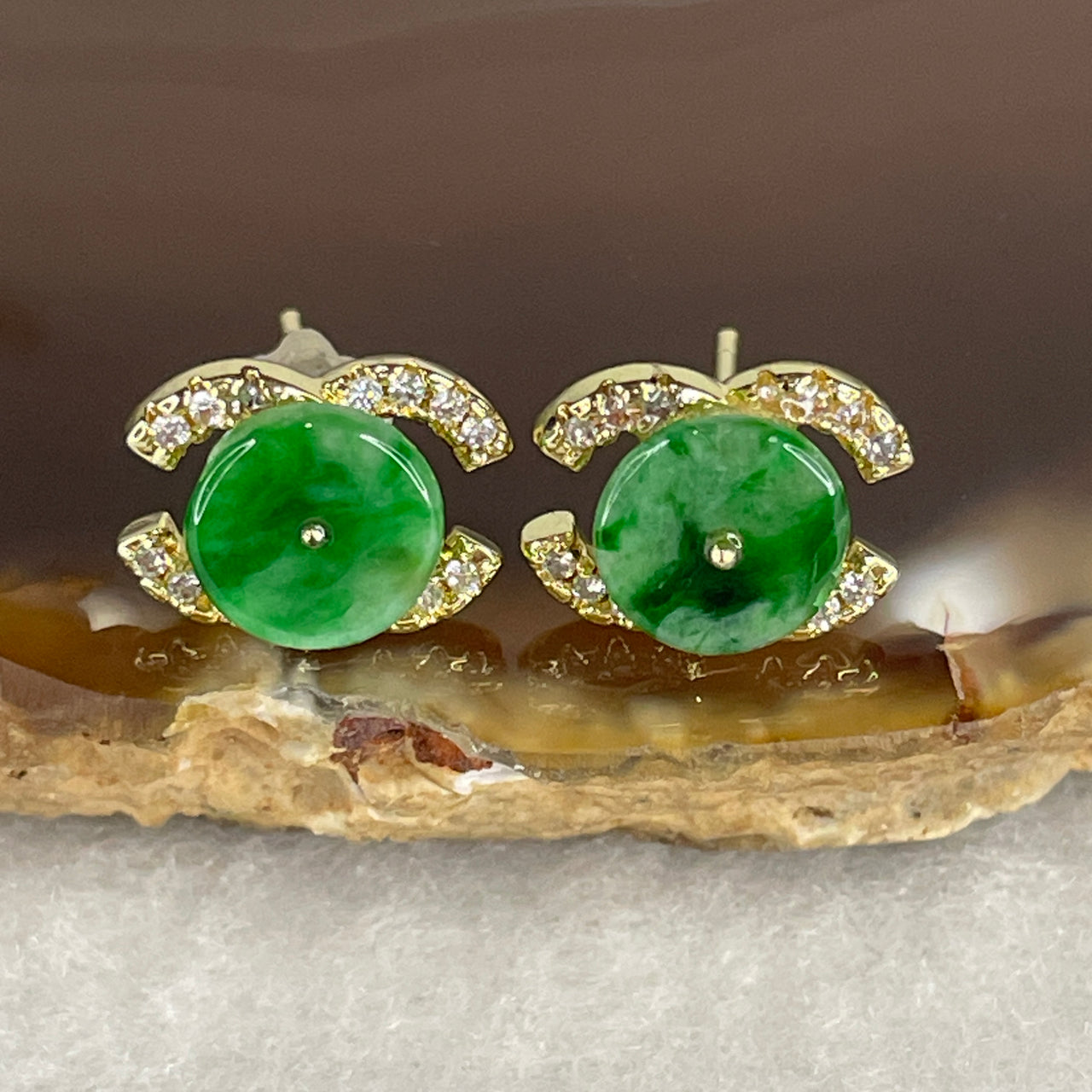 Natural Type A Old Mine Spicy Green Jadeite Earrings | Gold Color Ping An Kou Donut Studs (2.33g, 7.7x2.0mm)
