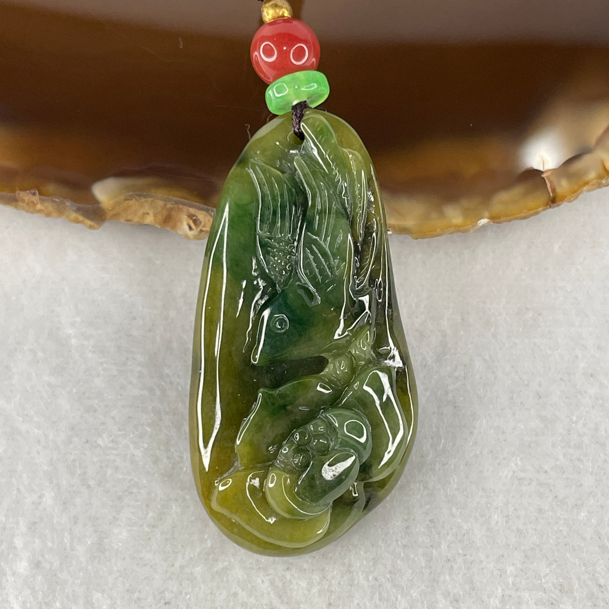 Natural Type A Green with Brownish Jadeite Bird with Lotus Flower Pendant | Spiritual Purity & Earth Grounding (17.16g | 41.5x21.6x12.0mm)