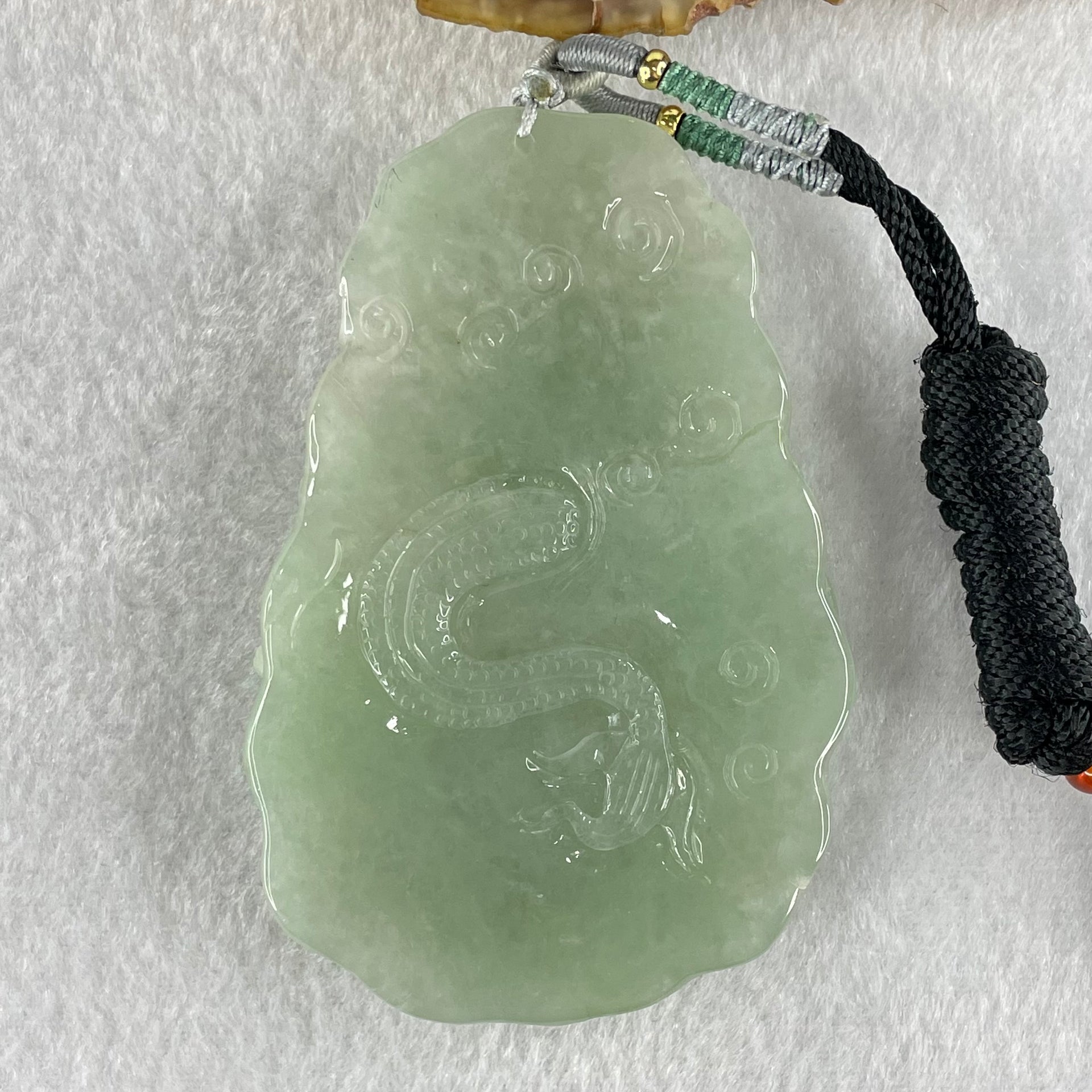 Type A Light Blueish Green (Sky Blue) Jadeite Double Sided Water Dragon Pendant 85.98g 79.4 by 51.9 by 13.7mm - Huangs Jadeite and Jewelry Pte Ltd