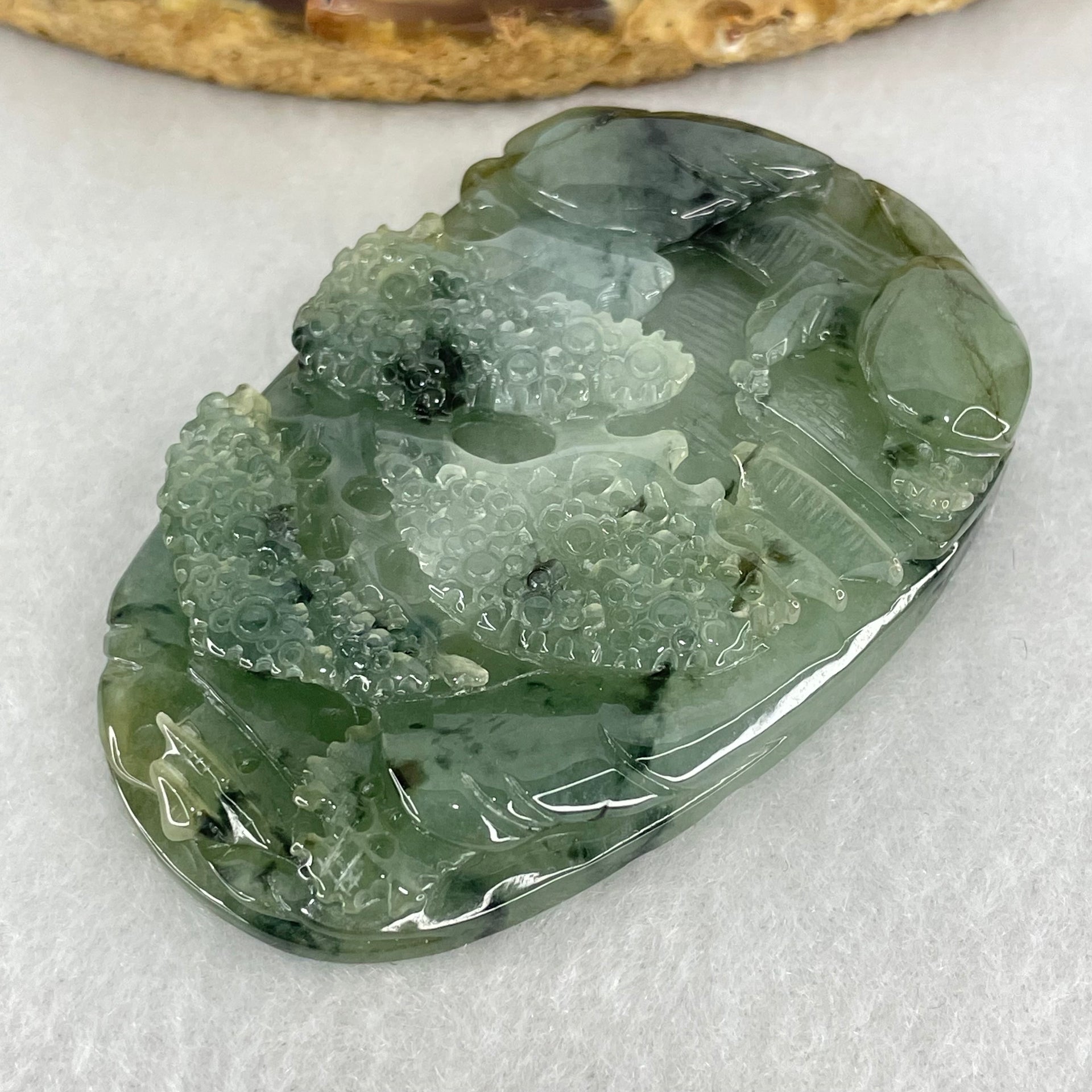 Type A Semi Icy Green with Dark Green Piao Hua Jadeite Shan Shui Gui Ren Benefactor Pendant 53.05g 59.6 by 40.3 by 10.7mm - Huangs Jadeite and Jewelry Pte Ltd