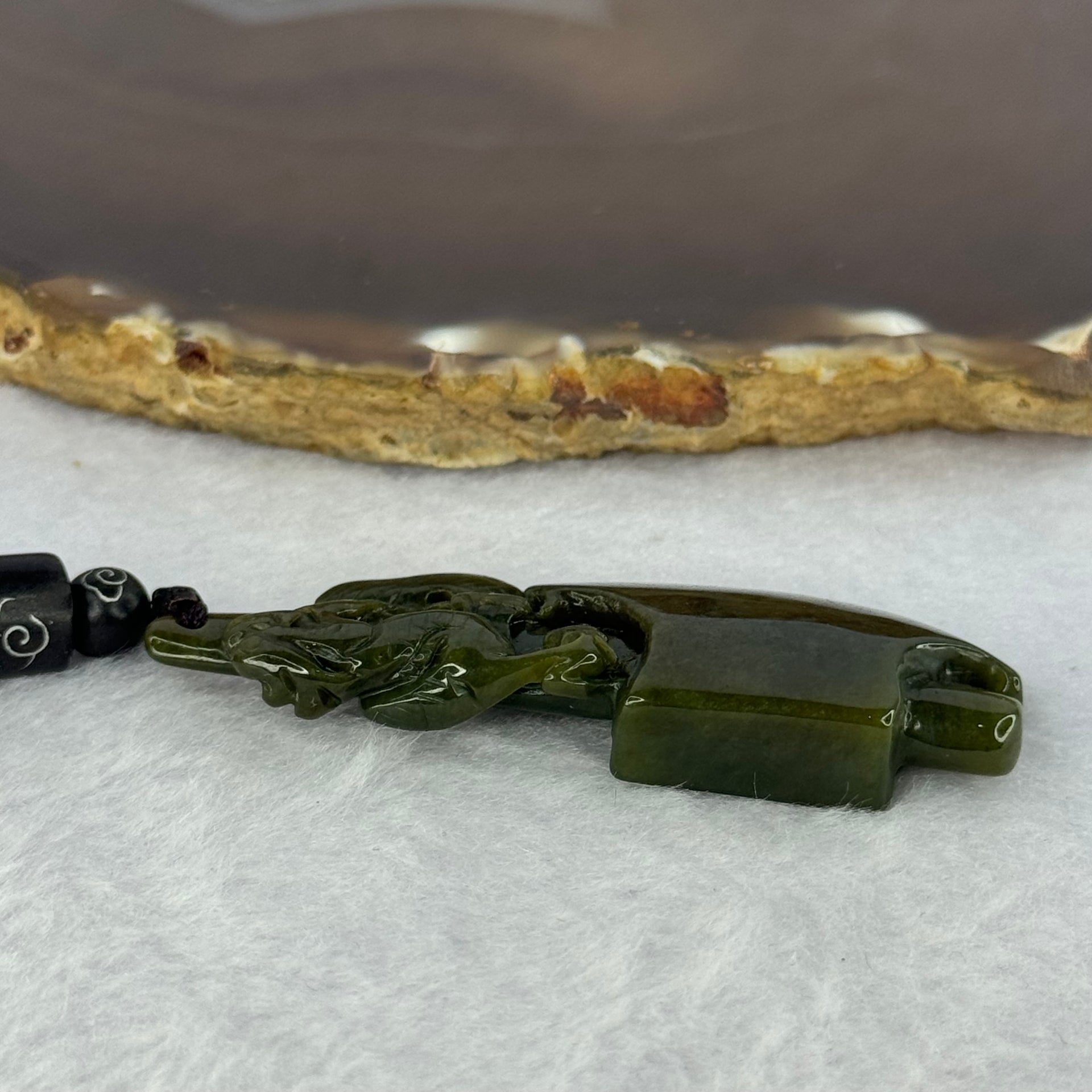 Type A Dark Yellowish Green Jadeite Dragon on Axe Pendent 14.34g 58.8 by 22.0 by 7.7mm - Huangs Jadeite and Jewelry Pte Ltd