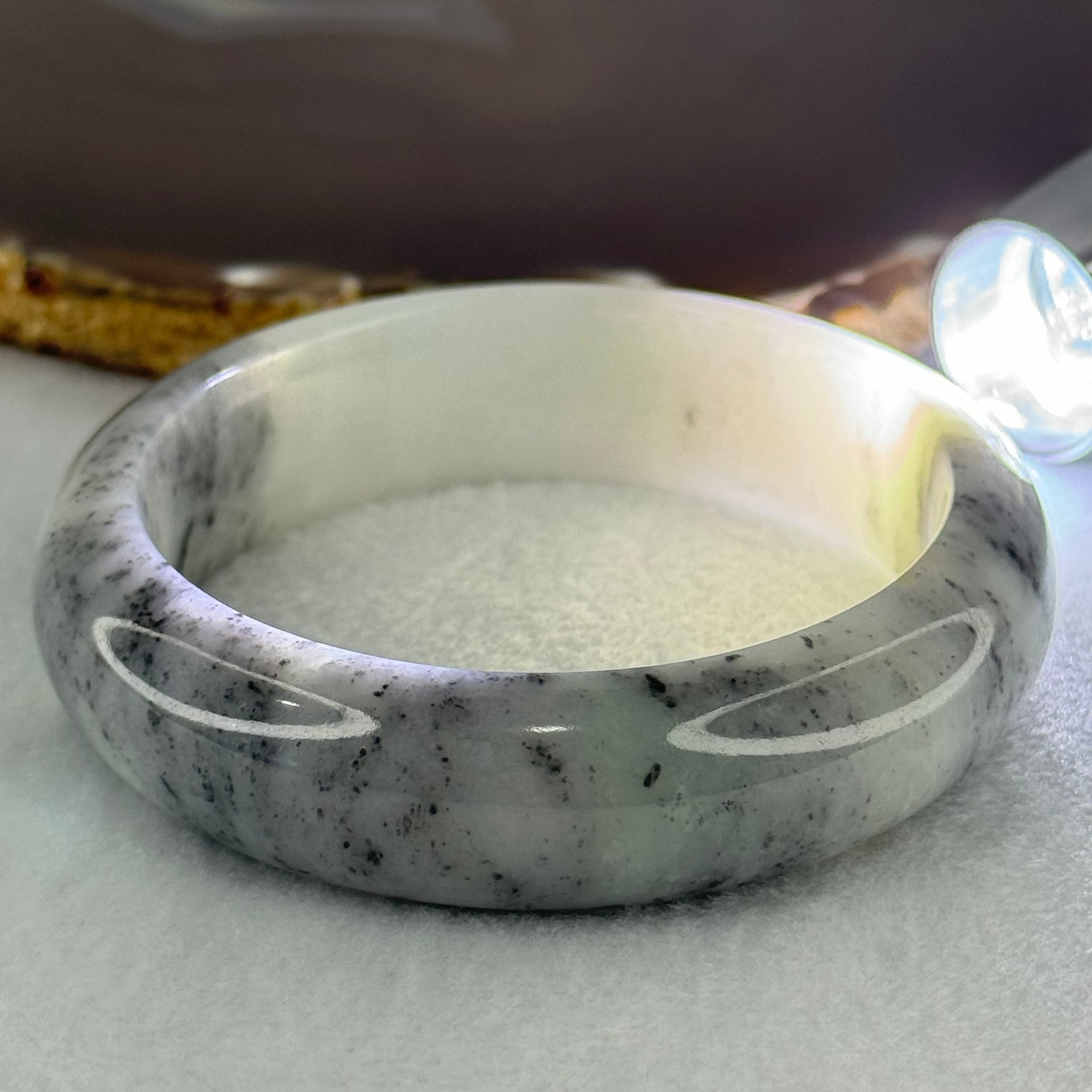 Type A Jadeite Faint Green Wuji Grey Piao Hua Bangle Internal Diameter 56.7mm 77.66g 16.7 by 8.8mm (Close to Perfect) - Huangs Jadeite and Jewelry Pte Ltd