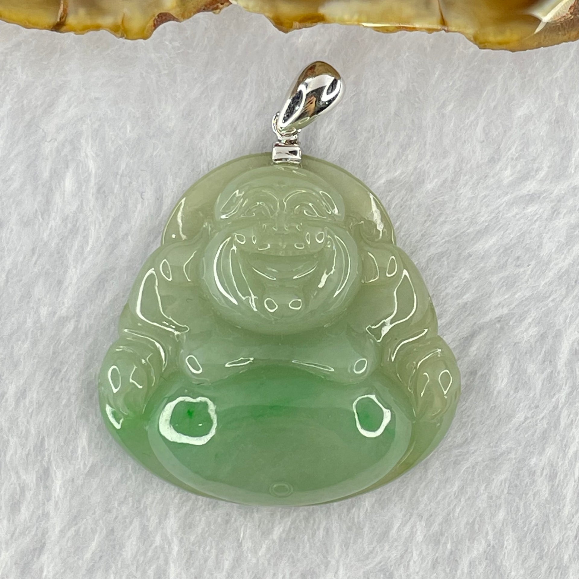 18K 750 White Gold Type A Green with Apple Green Milo Buddha Pendant 20.73g 34.3 by 35.3 by 10.80mm - Huangs Jadeite and Jewelry Pte Ltd