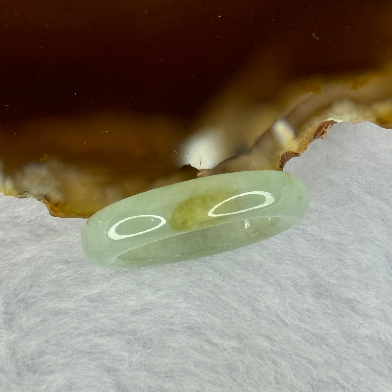 Type A Semi Icy Light Green with Yellow Brown Patch Jadeite Ring 3.26g 5.1 by 3.8mm US7.25 HK16 - Huangs Jadeite and Jewelry Pte Ltd