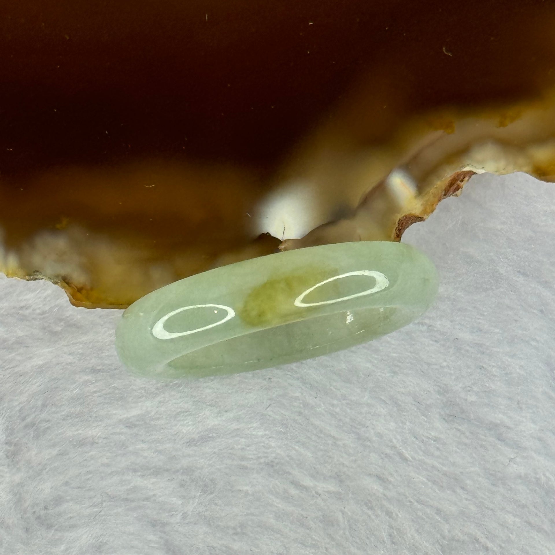 Type A Semi Icy Light Green with Yellow Brown Patch Jadeite Ring 3.26g 5.1 by 3.8mm US7.25 HK16 - Huangs Jadeite and Jewelry Pte Ltd