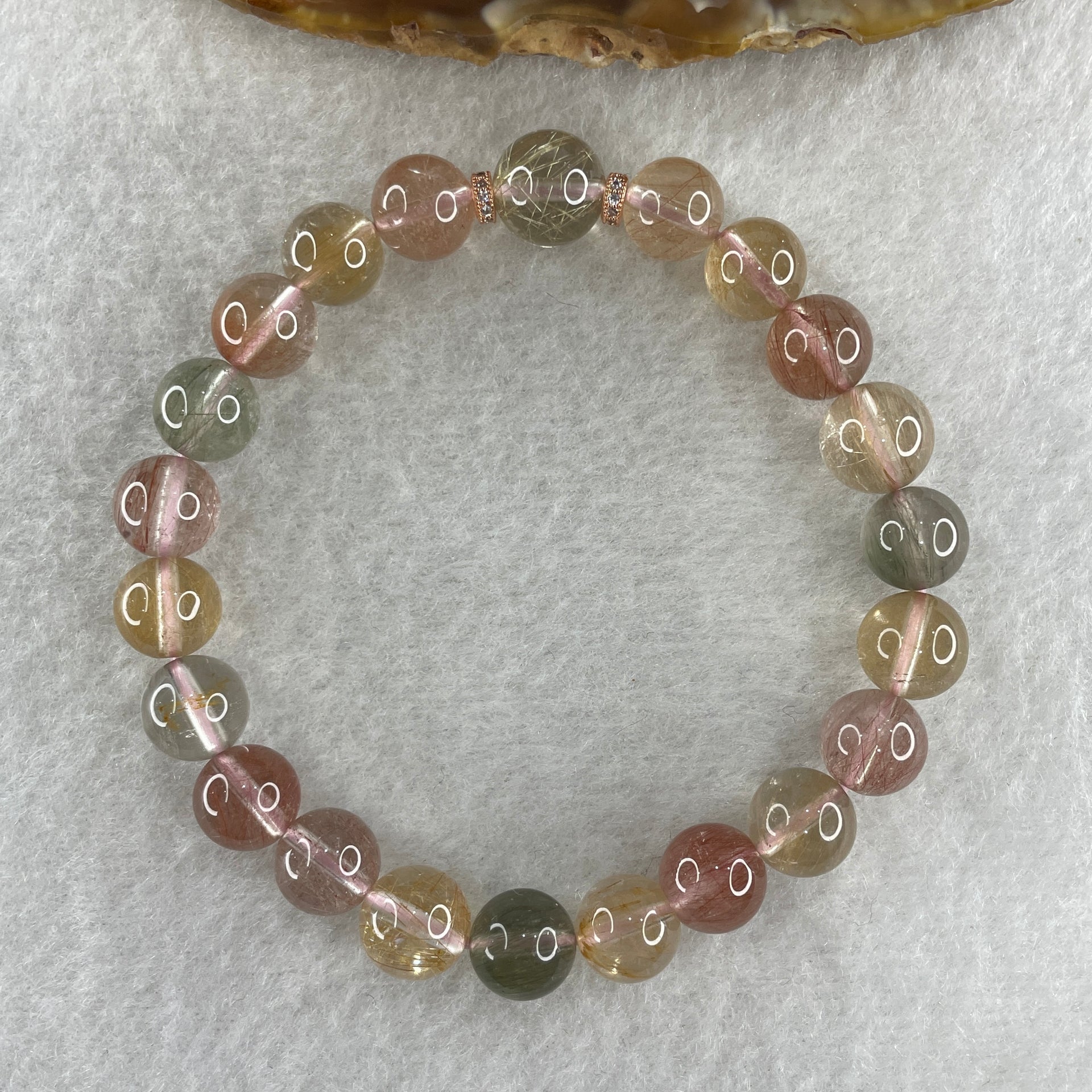 Natural Pinkish with Green Rabbit Hair Rutilated Quartz Beads Bracelet 20.16g 16cm 9.2mm 22Beads - Huangs Jadeite and Jewelry Pte Ltd